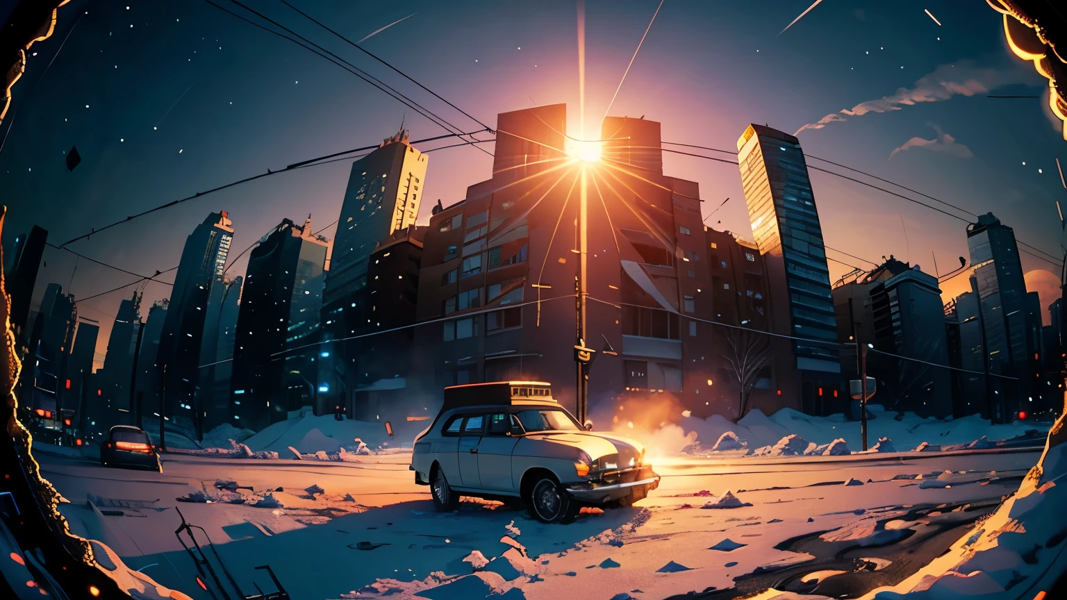 Fisheye, High Resolution, Masterpiece, 8k, Depth of Field, Meticulous Detail, (Unattended), Outer Space, Movie Poster Style, (Many Wires), Big Moon, Sun Flare, Retro Car, Snow, Wide Angle Lens, Desolate Cityscape With Few Buildings, Crumbling Building, Many Flowers, Large Area, Sun Flare, Snowstorm, Rotation, Mandala