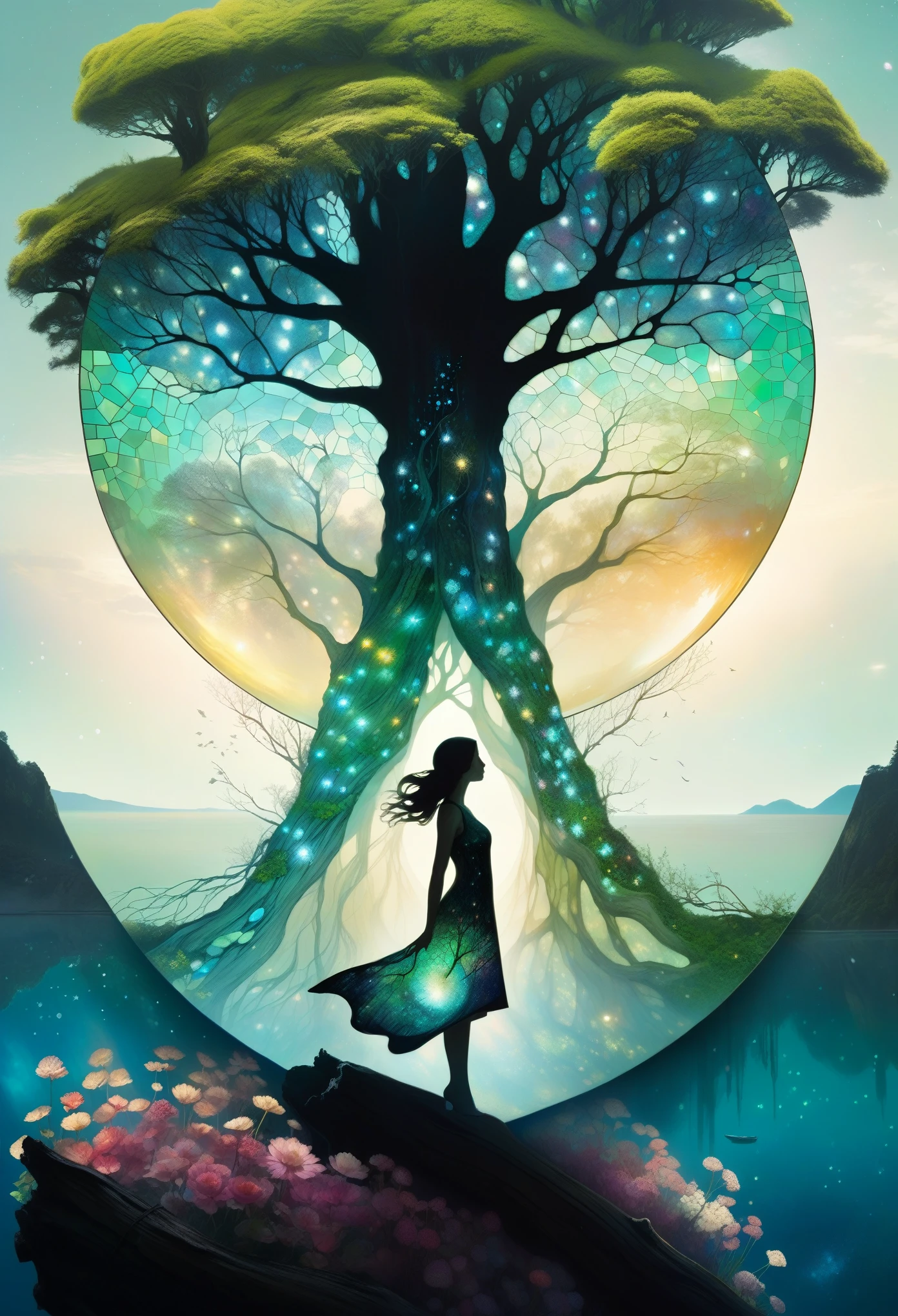 (Elf),(nature), Green Leaves, Adventure, Aether, Kraken,  Nebula, Verdant, Canvas Voyage, Lovely, Grateful [:vintage cars:15], (Double exposure:1.3) photo of elf made of mosaic of iridescent crystal glass with sub scattering mirror surface imposing onto transparent tree hollow trunk in living brocade underbust dress made out of flowers, bokeh sky by Peter Gric, Conrad Roset, Brandon Kidwell, Andreas Lie, Dan Mountford, Dan Witz, Agnes Cecile, Jeremy Mann, fine art, super dramatic moonshine, silhouette photo illustration, amazing depth, intricate detailed fine cracked surface, stunning atmosphere, mesmerizing whimsical vibrant scenery, complex masterwork by head of prompt engineering