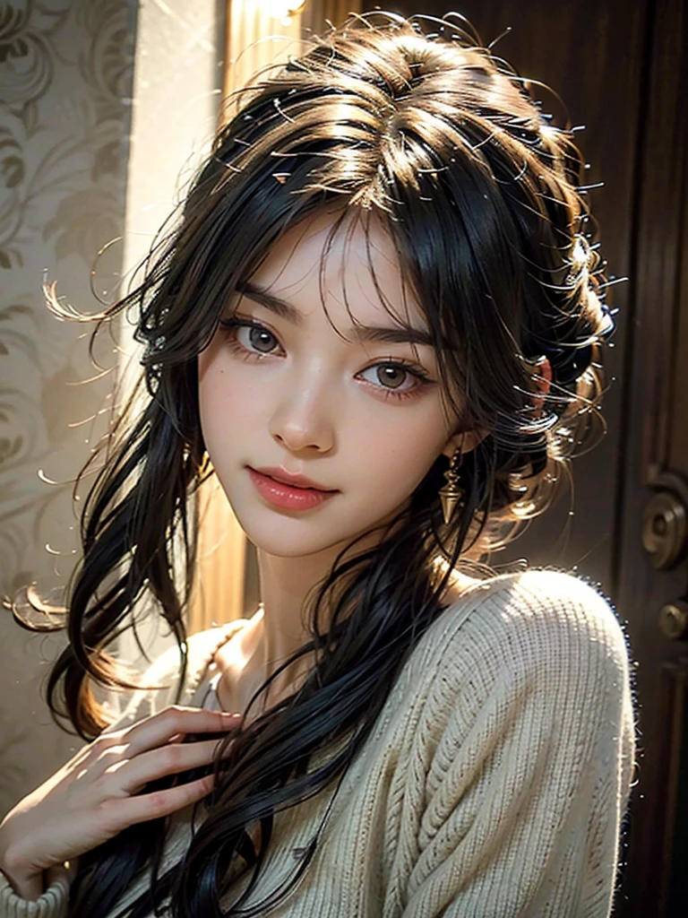 a beautiful woman, detailed face, beautiful detailed eyes, beautiful detailed lips, long flowing hair, dynamic movement, nice warm smile, (best quality,4k,8k,highres,masterpiece:1.2),ultra-detailed,(realistic,photorealistic,photo-realistic:1.37),portrait,vibrant colors,natural lighting,warm tones,cute cat design clothes,dynamic pose,detailed facial features,soft skin,elegant