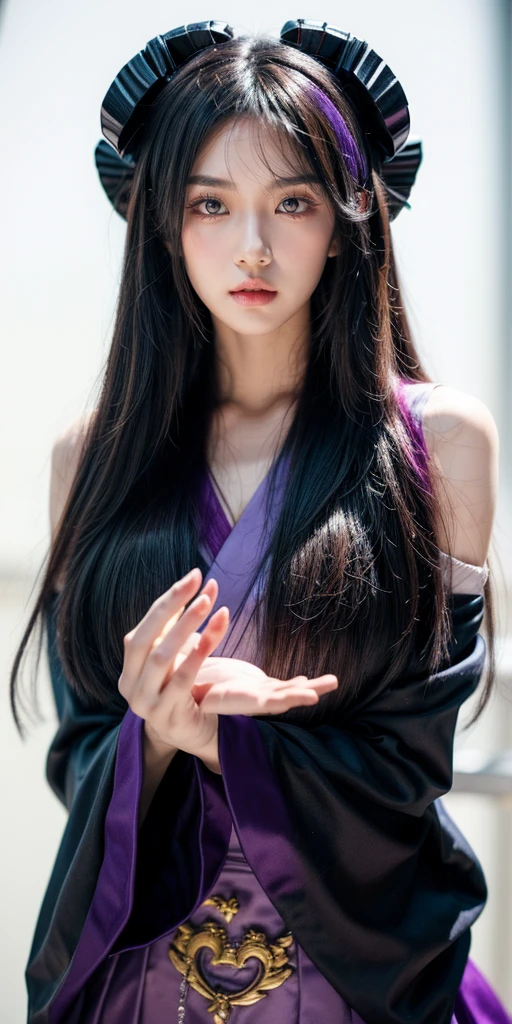 ultra-detailed, Beautiful body, Beautiful Nose, Beautiful character design, perfect eyes, perfect face, ultra highres, 16K, Nice hands, Perfect hands, Masterpiece, Best Quality, Highly detailed, illustration, absurdres, perfect anatomy, serious stare, looking at viewer, mystic aura, female priestess, full body, goddess-like, trance, perfect female body, japanese clothes, black sleeves, horns, 1girl, purple hair, long hair, purple eyes, (((pixel-perfect, detail-perfect))), solo, Hanyuu, higurashi when they cry, umineko when they cry