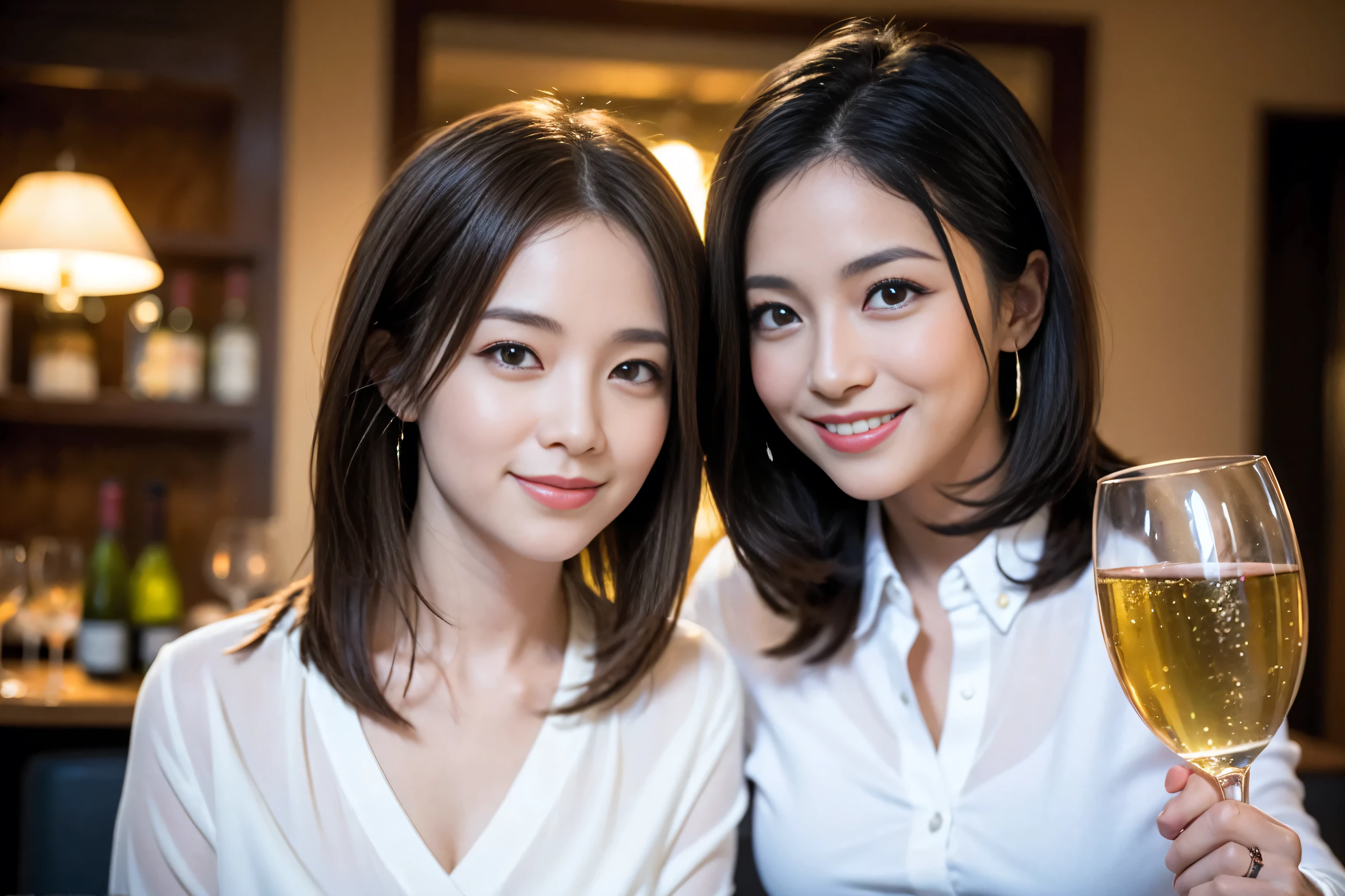 ((highest quality、8k、masterpiece:1.3))、1 male、1 woman who resembles Satomi Ishihara、Couple、Spouse、Couple、The body is slim、((Bob Hale、Straight hair:1.2)), (Realistic, Intricate details:1.2), Wine glass on the table、Put the light on your face、 Amazing view of the sunset sky and clouds、Amazing mountain views、A bright smile、The wonderfulness of smile、Bright image、The beauty of wine, Beautiful Face, blue eyes, The light shines on your face, Blushing, short hair,Bright Face、 (Age 42), 39 years old, red wine 、Appetizers、Italian food、Wine bottle、Champagne、sparkling wine、Two beauties、Brown Hair、Shortcuts、Long sleeve shirt、dress、Pretty Woman 1, (Slim face), (The body is slim), (Brown Hair), (Shortcuts), cheeks turn a little red,Attractive beauty、restaurant, In a prominent place (From the waist up) Nova Frog Style, actress, model, Upper Body, White wine, slim, wine glass, A wine glass placed in the center, smile, (smile: 1.15), Beautiful fine grain, Depth f/2,saturation, High Contrast, Strong light and shadow,Moist Body:1.5、3D texture、Delicate eyes、Brown Hair、The hair is very shiny、