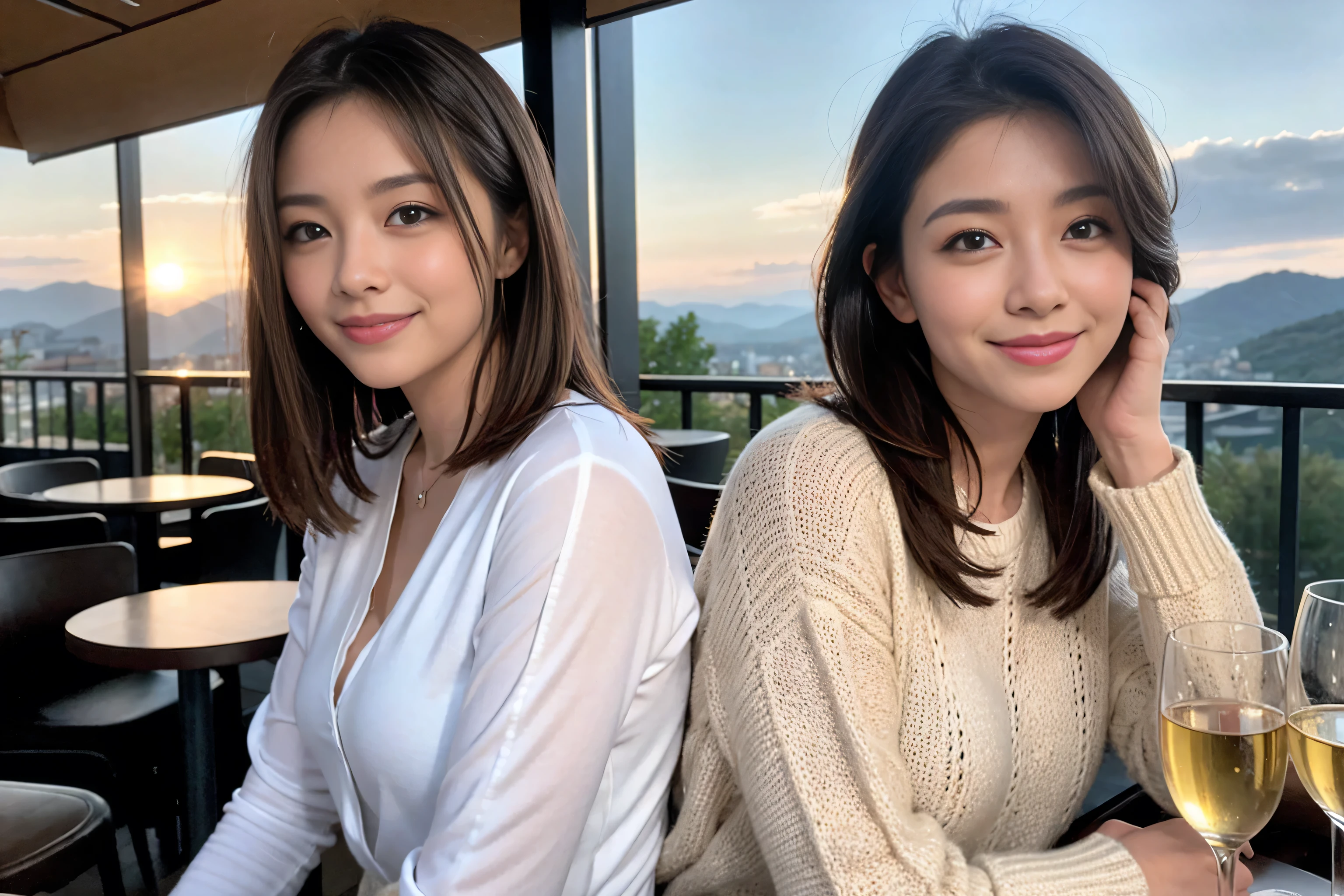 ((Highest quality、8K、masterpiece:1.3))、1 male、1 woman who resembles Satomi Ishihara、Couple、spouse、Couple、The body is slim、((Bob Hale、Straight hair:1.2)), (Realistic, Intricate details:1.2), テーブルの上のwine glass、Put the light on your face、 Amazing view of the sunset sky and clouds、Amazing mountain views、A bright smile、The wonderfulness of smile、Bright image、The beauty of wine, Beautiful Face, blue eyes, The light shines on your face, Blushing, short hair,Bright Face、42 years old), 39 years old, red wine 、Appetizers、Italian food、Wine bottle、Champagne、sparkling wine、Two beauties、Brown Hair、Shortcuts、Long sleeve shirt、dress、Beautiful woman 1, (slimな顔), (The body is slim), (Brown Hair), (Shortcuts), cheeks turn a little red,Attractive beauty、restaurant, In a prominent place (From the waist up) Nova Frog Style, actress, model, Upper Body, White wine, slim, wine glass, 中央に置かれたwine glass, smile, (smile: 1.15), Beautiful fine grain, Depth f/2,saturation, High Contrast, Strong light and shadow,Moist Body:1.5、3D texture、Delicate eyes、Brown Hair、The hair is very shiny、