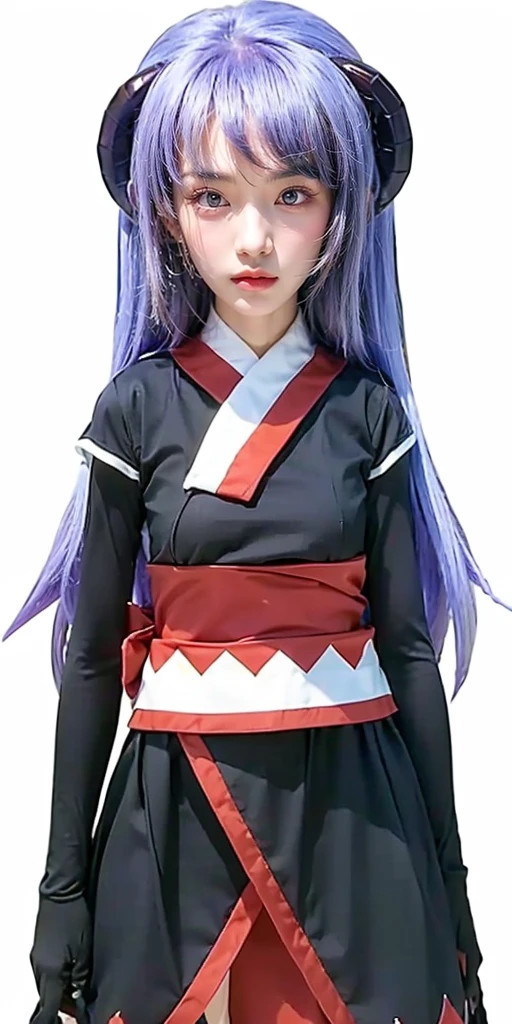 ultra-detailed, Beautiful body, Beautiful Nose, Beautiful character design, perfect eyes, perfect face, ultra highres, 16K, Nice hands, Perfect hands, Masterpiece, Best Quality, Highly detailed, illustration, absurdres, perfect anatomy, serious stare, looking at viewer, mystic aura, female priestess, full body, goddess-like, trance, perfect female body, japanese clothes, black sleeves, horns, 1girl, purple hair, long hair, purple eyes, (((pixel-perfect, detail-perfect))), (size correlation between head and the rest of the body, 