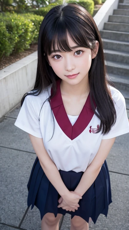 from below,8K、Detailed Description、Very high definition、Realistic、reality的、Real、live-action、reality、High resolution、full body shot,Nogizaka46、japanese idol,beautiful girl、21 years old、Angle of view that allows you to see the whole body、Red Basketball Uniform、Knee-up-top angle of view、Mouth closed、smile、School、Standing on the stairs、Long Hair、Very black hair、Hair blowing in the wind、pretty girl、Beauty、Glowing Skin、Glowing Skin、Shiny Hair、Very white skin、Headband、Heavy makeup、Large Breasts、Embarrassed、Shyly、Slit eyes、Big Eyes、Double eyelids、Don't show your teeth、Looking down here、Back view
