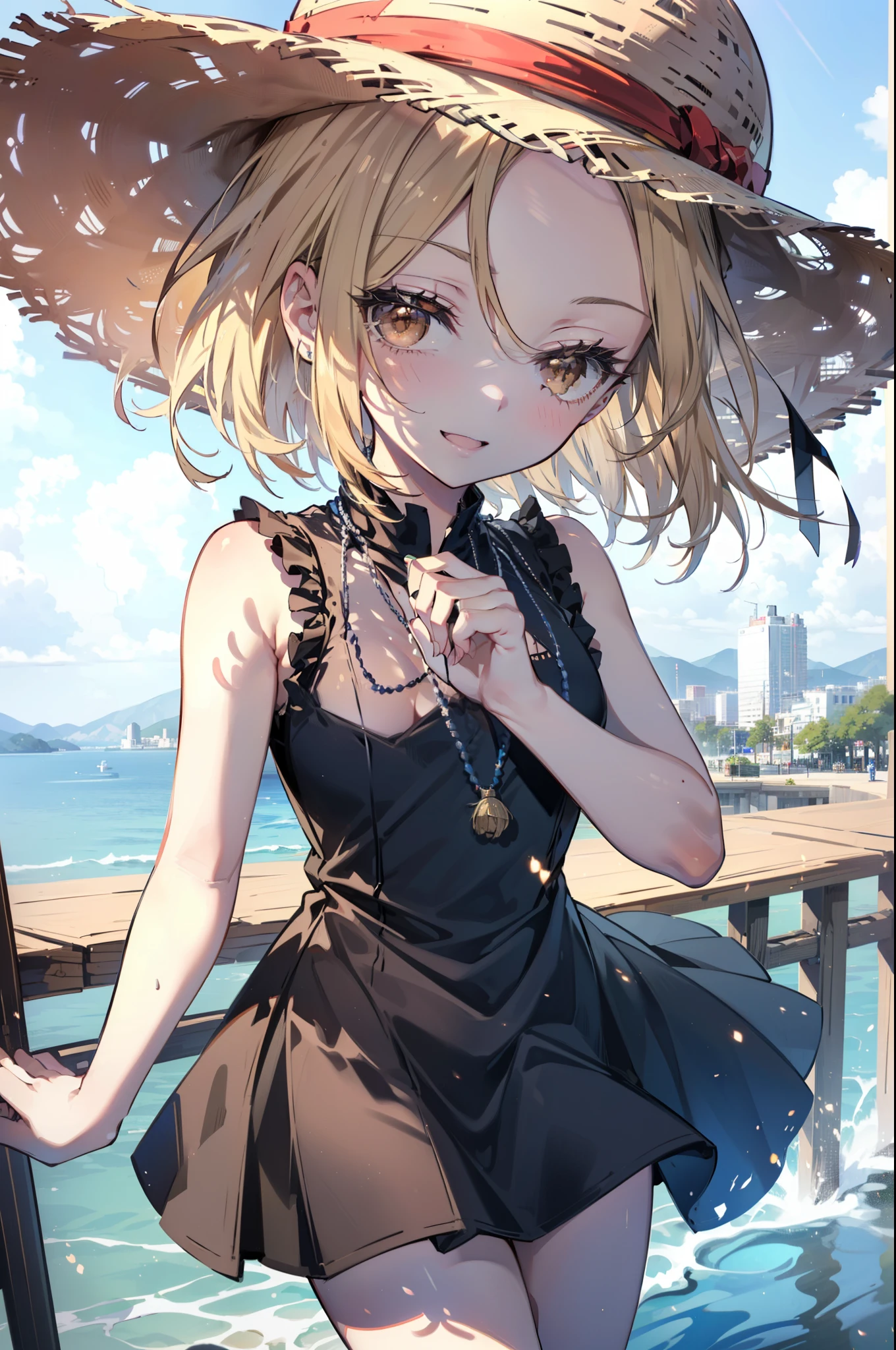 (annakyouyama, anna kyouyama, Blonde Hair, short hair, (Brown eyes:1.7),happy smile, smile, Open your mouth,Big straw hat,Black sleeveless dress,Long skirt,Cute Sandals,Daytime,Clear skies,Walking,
壊す looking at viewer, whole body,
Destroy outdoors, Building district,Destroy the coastal road (masterpiece:1.2), highest quality, High resolution, unity 8k wallpaper, (shape:0.8), (Fine and beautiful eyes:1.6), Highly detailed face, Perfect lighting, Highly detailed CG, (Perfect hands, Perfect Anatomy),