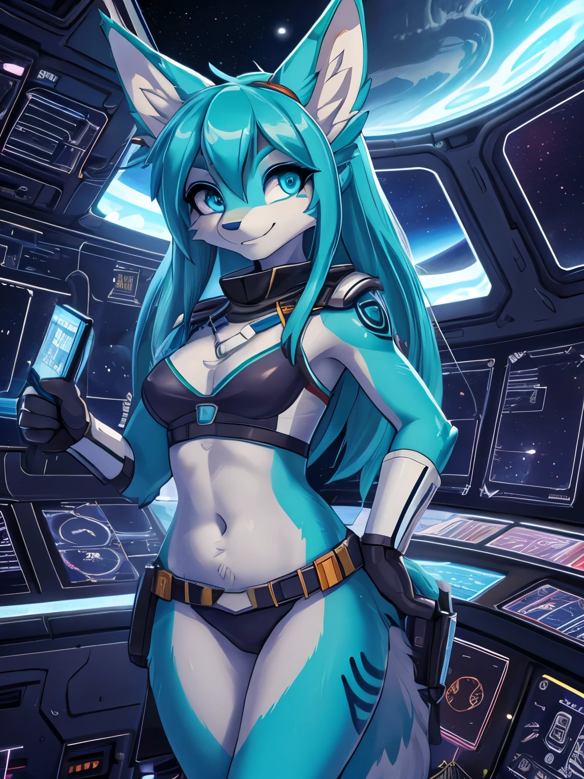 Miku Hatsune, cuerpo aqua&blanco, peludo, orejas de kitsune,((piersings)), arete en el ombligo, tatuajes tribal, space clothes, futuristic city landscape, Eclipse, cara sonrojada, feliz, happy girl. Blue intense eyes, most beautifull blue deep eyes, magic girl, vista de cuerpo completo, caderas anchas, muslos gruesos, electronic girl, space girl, space trooper girl, abording his ship, space pirate girl, pilotwing, captain, driving her starship