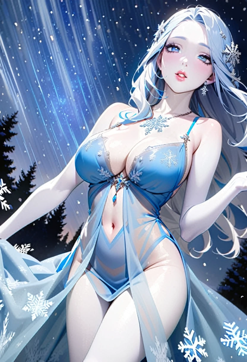 Frost Elves (gorgeous women in sheer blue dresses with snowflake embroidery, pale blue eyes and lips, ceramic white skin), playing in a winter wonderland, starry night