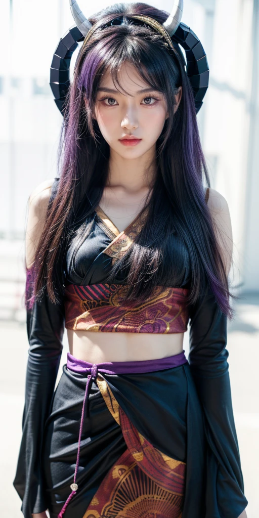 ultra-detailed, Beautiful body, Beautiful Nose, Beautiful character design, perfect eyes, perfect face, ultra highres, 16K, Nice hands, Perfect hands, Masterpiece, Best Quality, Highly detailed, illustration, absurdres, perfect anatomy, serious stare, looking at viewer, mystic aura, female priestess, full body, goddess-like, trance, perfect female body, japanese clothes, black sleeves, horns, 1girl, purple hair, long hair, purple eyes, (((pixel-perfect, detail-perfect))), solo, Hanyuu, higurashi when they cry, umineko when they cry