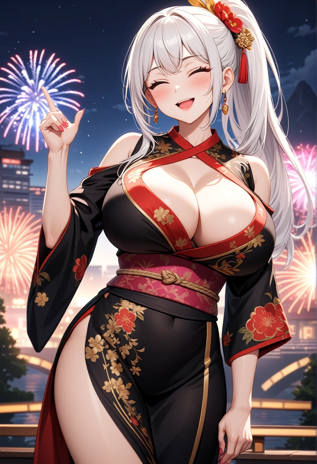 ((one personの女性)), Beautiful Face,Expressions of embarrassment and kindness,Laugh shyly,((Wink:2.0)),turn bright red,Glossy pink lips,night,Fireworks mountain((Anime style background)),masterpiece, highest quality, so beautiful, up to date, Complex details, (Pink long nails),AI-generated, Complex,High resolution, highest quality, super high quality,3D Images、View your audience、3D Images,one person,Long white hair,High Ponytail,blue eyes,Anime woman posing for a photo, [[fine grain、Colorful eyes、Shining Eyes:1.15]],(Squint your eyes:1.1),a hyperRealistic , hyperRealistic , Realistic,Long haired white haired anime woman, Smooth anime CG art, A woman in a colorful kimono with gold embroidery, (Black kimono),Red floral pattern,Long flower hair ornament,Big earrings,(Big Breasts:1.4),Mature Body,expensive,Big Ass,Fine details,Tight waist,Abdominal muscles,Beckon