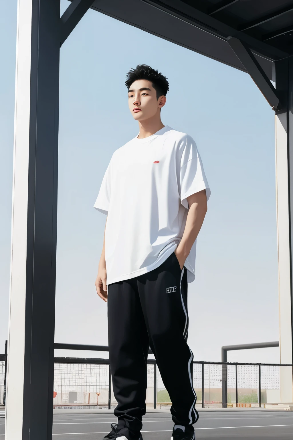 A Beijing young man in a oversize "white t shirt" and black Jogger trousers stands against a gym center background, full body, Height is 1 cm, sneaker,  