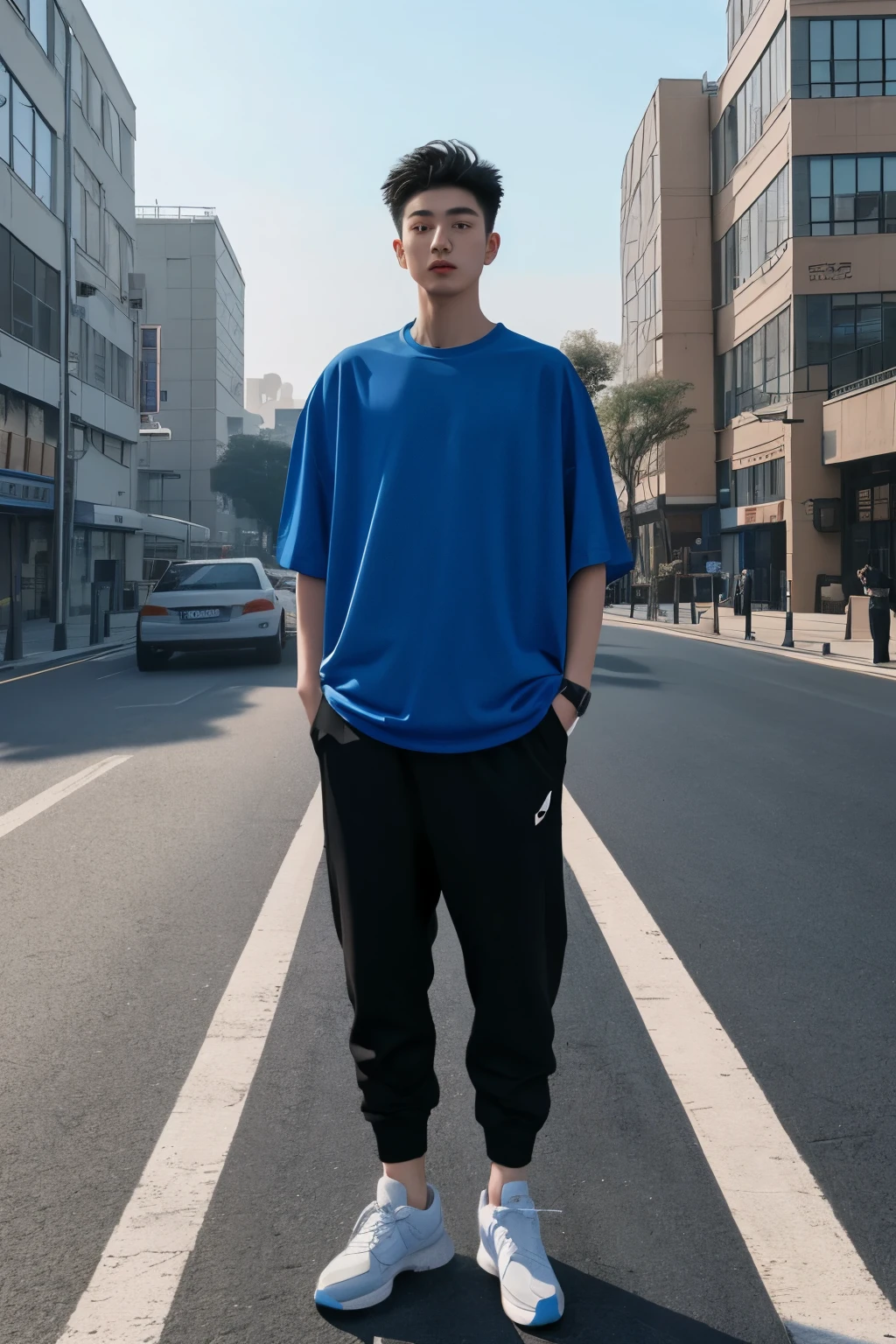 A Beijing young man in a oversize bluelight t shirt and black Jogger trousers stands against a street background, full body, Height is 1 cm, sneaker,  