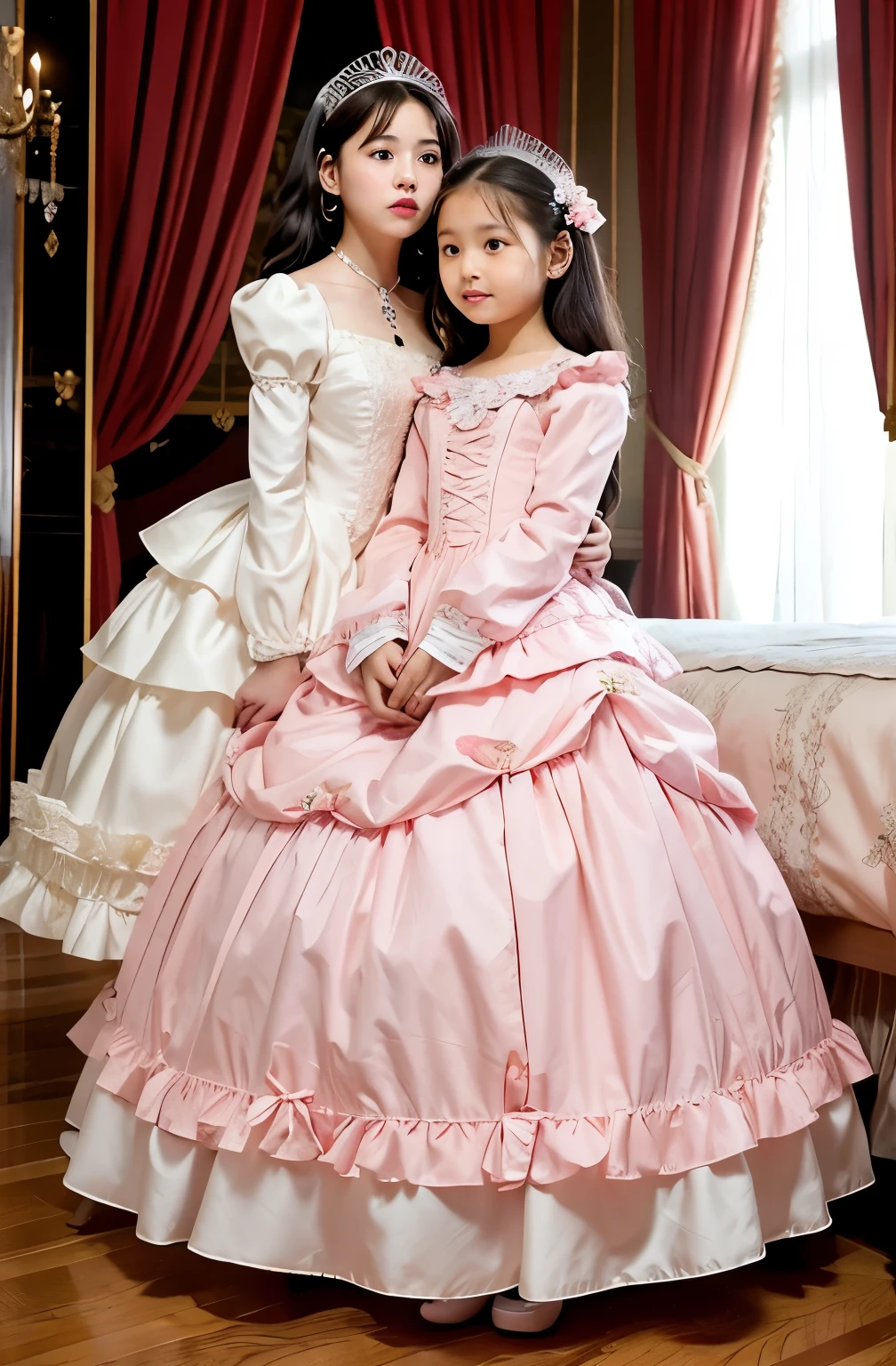 highest quality, masterpiece, highest resolution, artwork, super get used to it, many become familiar with, become familiar with, get used to it, woman, ,the two girls are princesses,pink victorian dress,long sleeve,long dress,A dress with lots of frills and ribbons.,high quality dresses,luxury,Two kiss,(Luxury Bedroom),high quality princess canopy bed,
