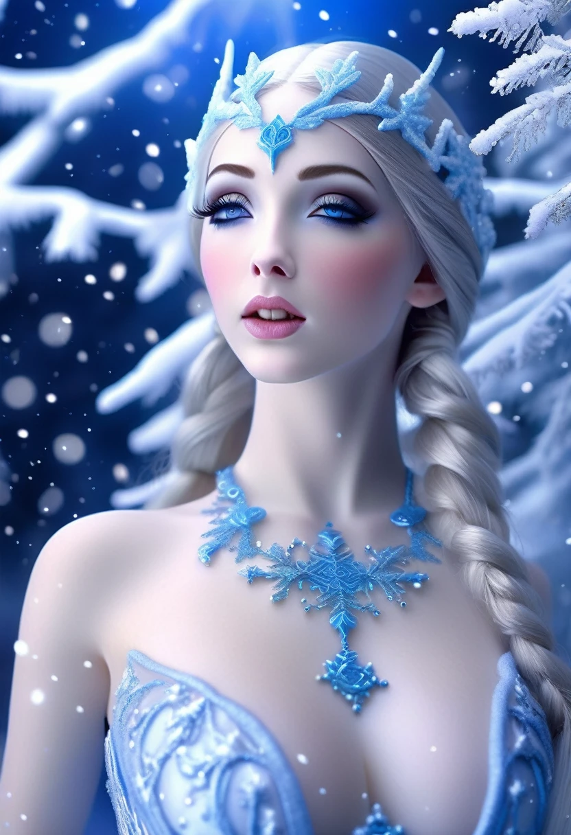 a gorgeous frost elf woman with pale blue eyes and lips, ceramic white skin, in a sheer blue dress with snowflake embroidery, playing in a winter wonderland at night, starry sky, snow-covered trees, glowing moon, magical atmosphere, detailed face and clothing, ultra-detailed, 8k, photorealistic, dramatic lighting, fantasy art (show her entire body, head to toe, show all of her)