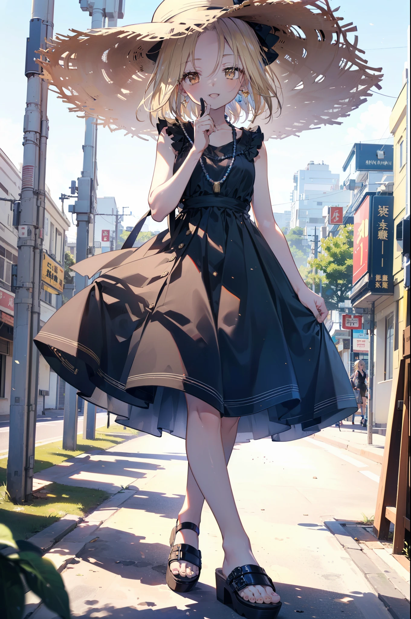 (annakyouyama, anna kyouyama, Blonde Hair, short hair, (Brown eyes:1.7),happy smile, smile, Open your mouth,Big straw hat,Black sleeveless dress,Long skirt,Cute Sandals,Daytime,Clear skies,Walking,
壊す looking at viewer, whole body,
Destroy outdoors, Building district,Destroy the coastal road (masterpiece:1.2), highest quality, High resolution, unity 8k wallpaper, (shape:0.8), (Fine and beautiful eyes:1.6), Highly detailed face, Perfect lighting, Highly detailed CG, (Perfect hands, Perfect Anatomy),