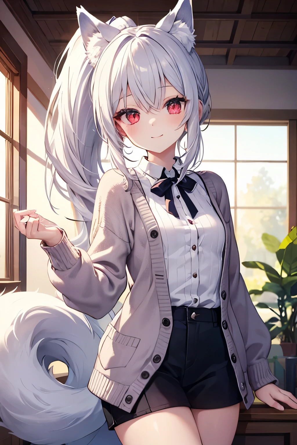 Silver Hair、Red Eye、Fox ears、girl、Small breasts、ponytail、girl、Small breasts、Lolita、Bright smile、Looks about 、Petan Musume、short、目のhighlight、Sexy thighs、Wearing a short-sleeved knitted cardigan、Your eyes are so beautiful、highlight