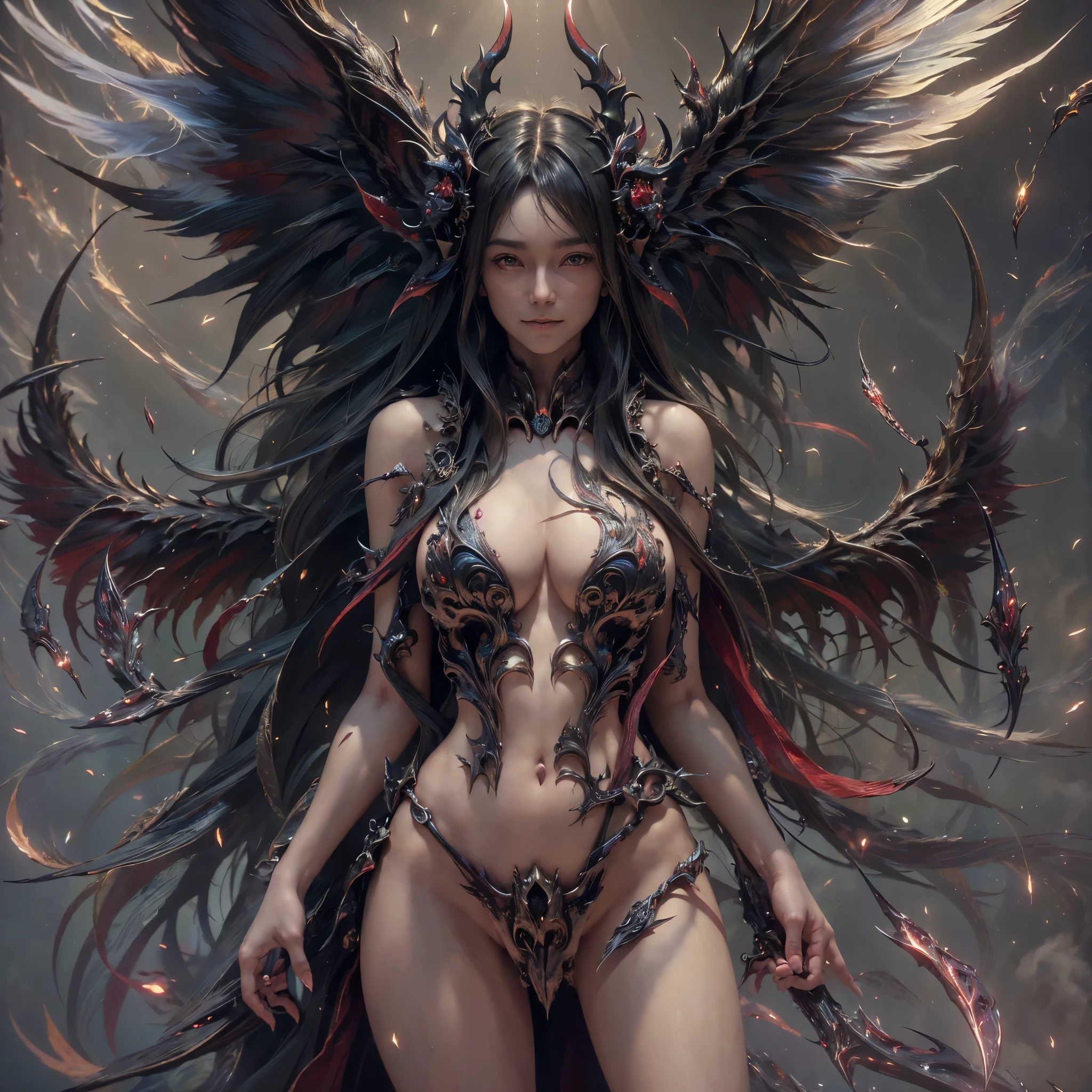 lorafreyajkt48, (((8k RAW photo, hyper realistic, masterpiece, best quality, crisp detail, high definition, high detail, very rich detail, sharp focus, sharp detail, colorful, rich color, cinematic, perfect studio lightning, full body photograph, mystic atmosphere, shot from front))), ((fully naked, young colorful death goddess, fully nude, smooth body, ideal body, naughty smile)), big breast, (flying on the sky), (showing (pussy, vagina, genital, nipples))), ((black long hair)), killing people, ((wide devil wings, tail)), ((very long sharp claws)), (hundreds of ( skull, bone) on the land), ((death devil)),