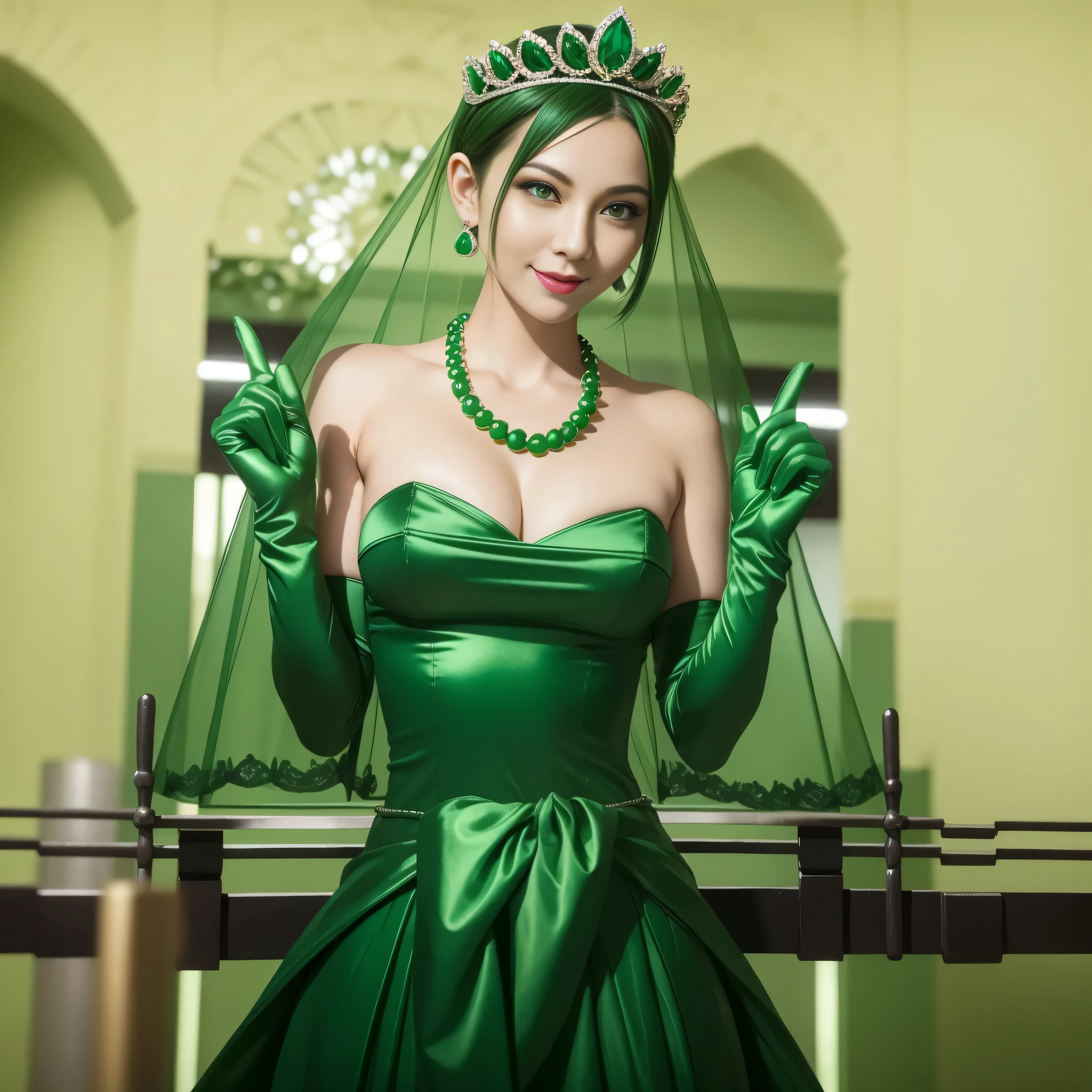 Emerald tiara, Green Pearl Necklace, Boyish very short green hair, lipstick, Woman in her 30s Japan smiling, Very short hair, Big and beautiful, Green Eyes, Long green satin gloves, Big Breasts, V sign, Emerald Earrings, Green veil