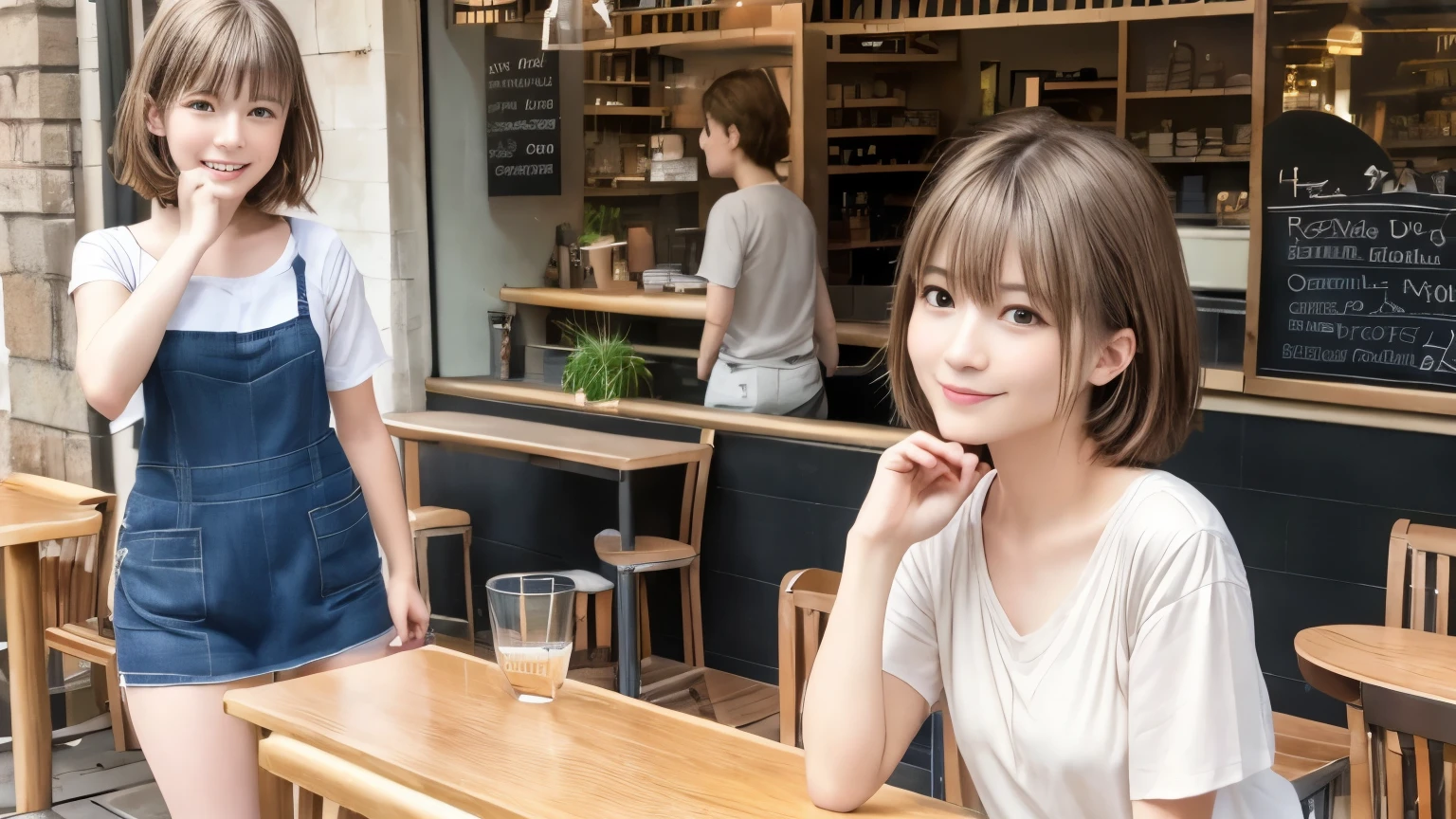 super high quality, short hair, thin, Photography Sculpture, The staff is working at the counter in the back.., (8k、RAW Photos、highest quality、masterpiece:1.2), Japanese Idols, Stylish cafe, People having fun at the cafe々Bustling with., (Realistic、Realistic:1.37), Bob Hair, Mesh Hair, Urban Cafe, Golden Ratio, RAW Photos, Cute Face , Light brown hair, Small breasts, Bright cafe interior, Spring Clothes, Cafe Terrace, Open Cafe, A kind smile, Hair blowing in the wind, Dress neatly, boyish, T-Shirts, 18-year-old, younger sister, Fashionable clothes, 
