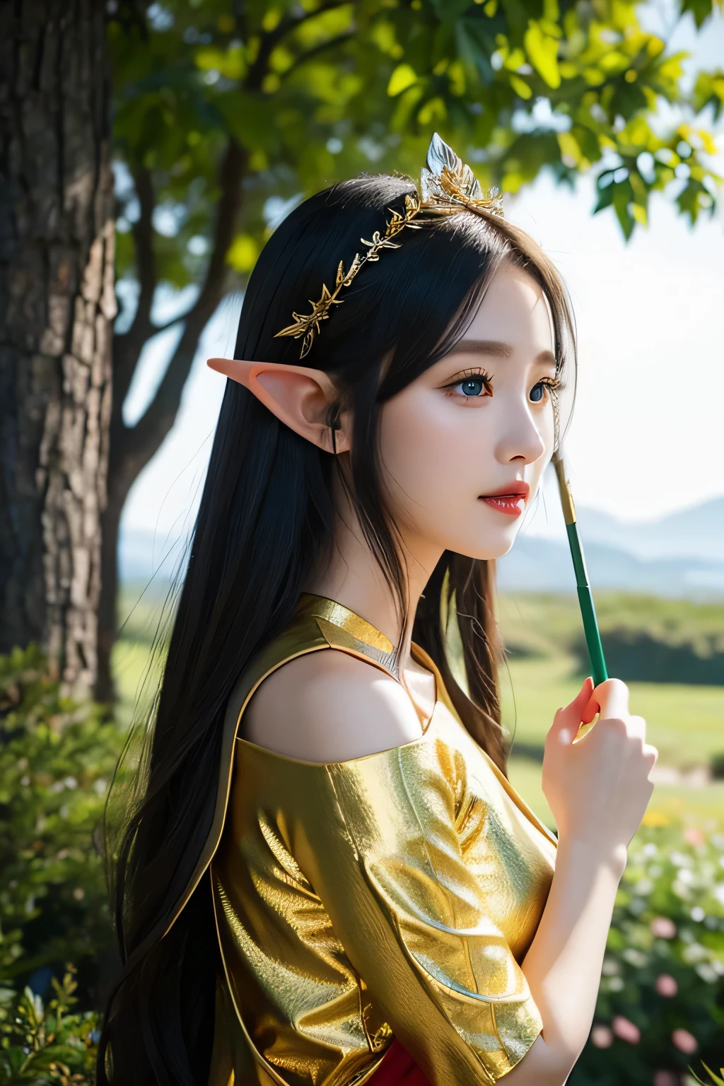 Elf,Close-up of blond Elf, Princess Elf, She has Elf ears and golden eyes, Elf princess, Elf, 金发Elf Queen, side portrait of Elf royalty, Elf Queen, beautiful Elf princess, Elf character with smirk, Fantasy stills, (((crazy))) Princess Elf, Elf Girl