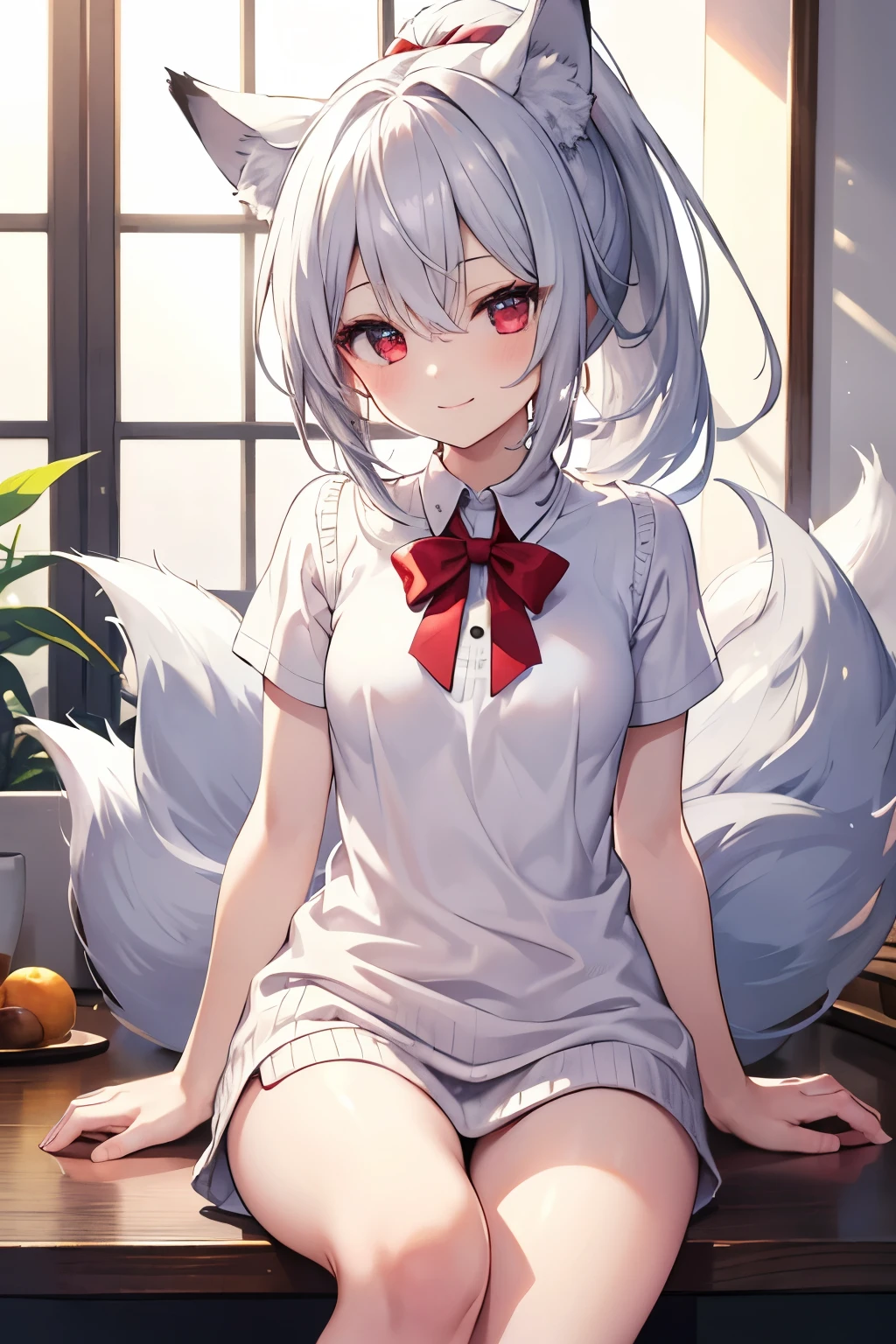 Silver Hair、Red Eye、Fox ears、girl、Small breasts、ponytail、girl、Small breasts、Lolita、Bright smile、Looks about 、Petan Musume、short、目のhighlight、Sexy thighs、Wearing a short-sleeved knitted shirt、Your eyes are so beautiful、highlight