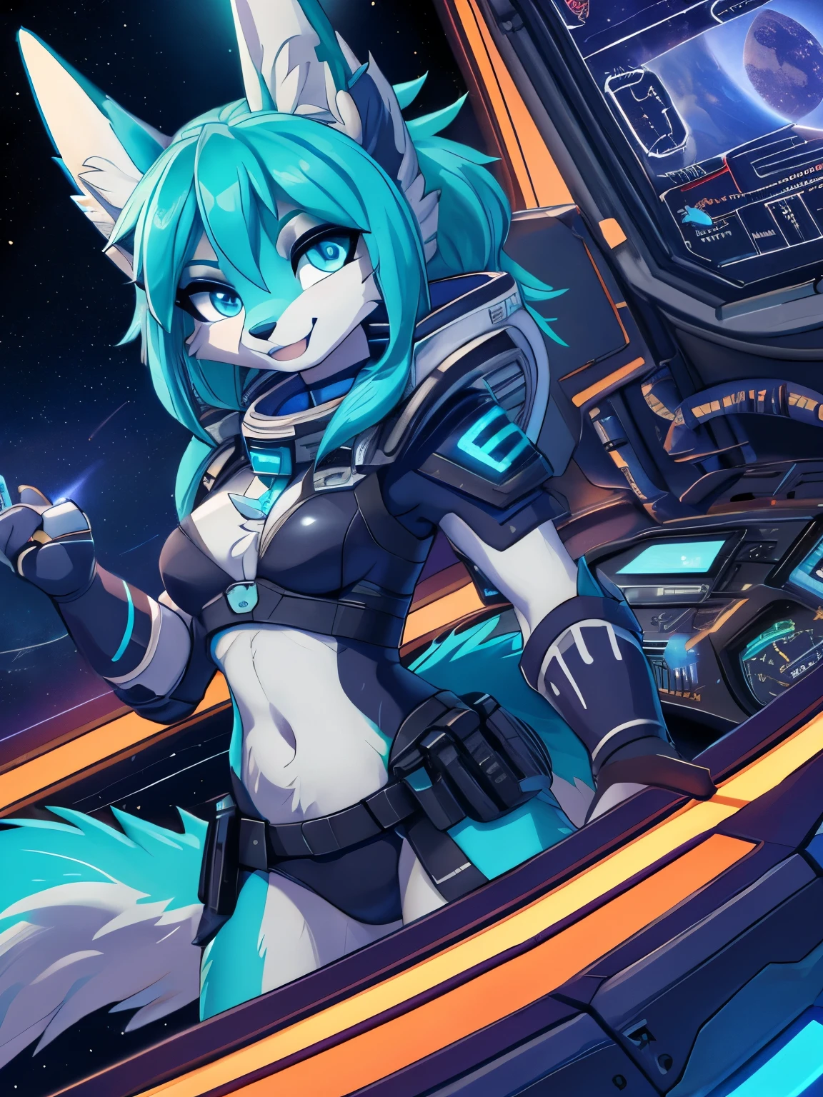 Miku Hatsune, cuerpo aqua&blanco, peludo, orejas de kitsune,((piersings)), arete en el ombligo, tatuajes tribal, space clothes, futuristic city landscape, Eclipse, cara sonrojada, feliz, happy girl. Blue intense eyes, most beautifull blue deep eyes, magic girl, vista de cuerpo completo, caderas anchas, muslos gruesos, electronic girl, space girl, space trooper girl, abording his ship, space pirate girl, pilotwing, captain, driving her starship