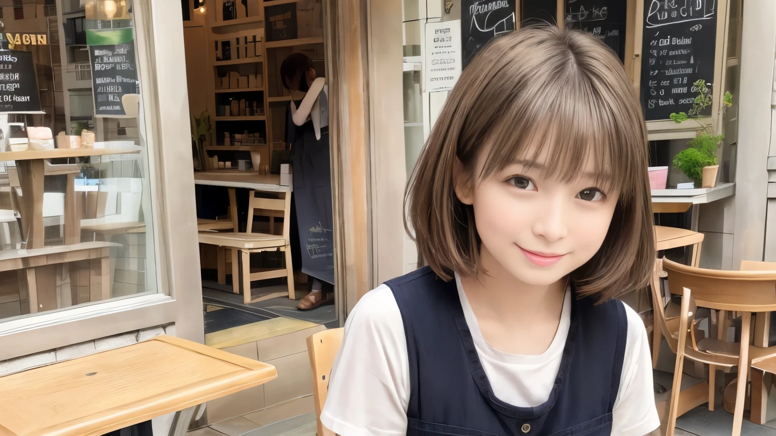 super high quality, short hair, thin, Photography Sculpture, The staff is working at the counter in the back.., (8k、RAW Photos、highest quality、masterpiece:1.2), Japanese Idols, Stylish cafe, People having fun at the cafe々Bustling with., (Realistic、Realistic:1.37), Bob Hair, Mesh Hair, Urban Cafe, Golden Ratio, RAW Photos, Cute Face , Light brown hair, Small breasts, Bright cafe interior, Spring Clothes, Cafe Terrace, Open Cafe, A kind smile, Hair blowing in the wind, Dress neatly, boyish, T-Shirts, 18-year-old, younger sister, Fashionable clothes, 
