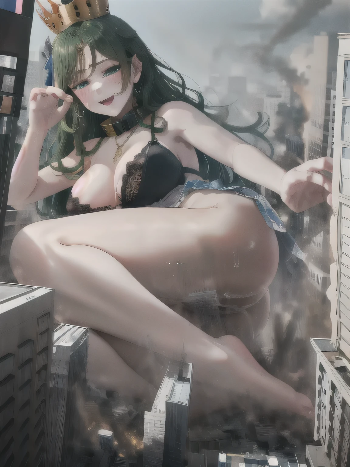 Perfect detail, Special details, highest quality,,expensive, woman,A satisfied smile .round face、View Viewer, Green Hair, Long Hair, , , Side bang, Partially exposed forehead, Dark blue eyes, Mature Body, Perfect body, Large Breasts,Big Ass.Sweaty body,Breast milk overflowing from the nipples,Pussy,share、body fluid、Sticky、Open your mouth、 blush, Cleavage.Blue lace lingerie,Gold Jewelry,Gold Bracelet,Gold Collar、 Luxurious crown,, necklace, Pursing your lips, A light smile, Drunk, expensiveDetail, Depth of written boundary, 1080p, 16k, Awards, High resolution, highest quality, masterpiece, 超High resolution, Anatomically correct, Super detailed,,Huge breasts、Realistic、Perfect bodyライン、aerial photograph、aerial photograph、Destroying the city with a smile、 (A giant girl bigger than a skyscraper destroys the city of Shibuya:1.5)、cute、body fluid,Sticky、Eroticism,share Breast milk overflowing from the nipples Big breasts overflowing from the bra Occupy a major city