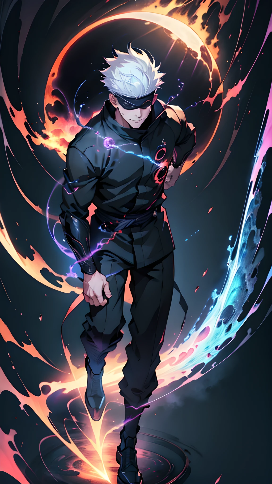1boy, full body shot, perfect fingers, satoru gojo, blindfold, black outfit, white hair, battle pose, red energy void in right,blue energy void in left, smirk, red and blue moon background, wallpaper, cinematic,High resolution 8K, Bright light illumination, lens flare, sharpness, masterpiece, top-quality, The ultra -The high-definition, high resolution, extremely details CG, Anime style, Film Portrait Photography,