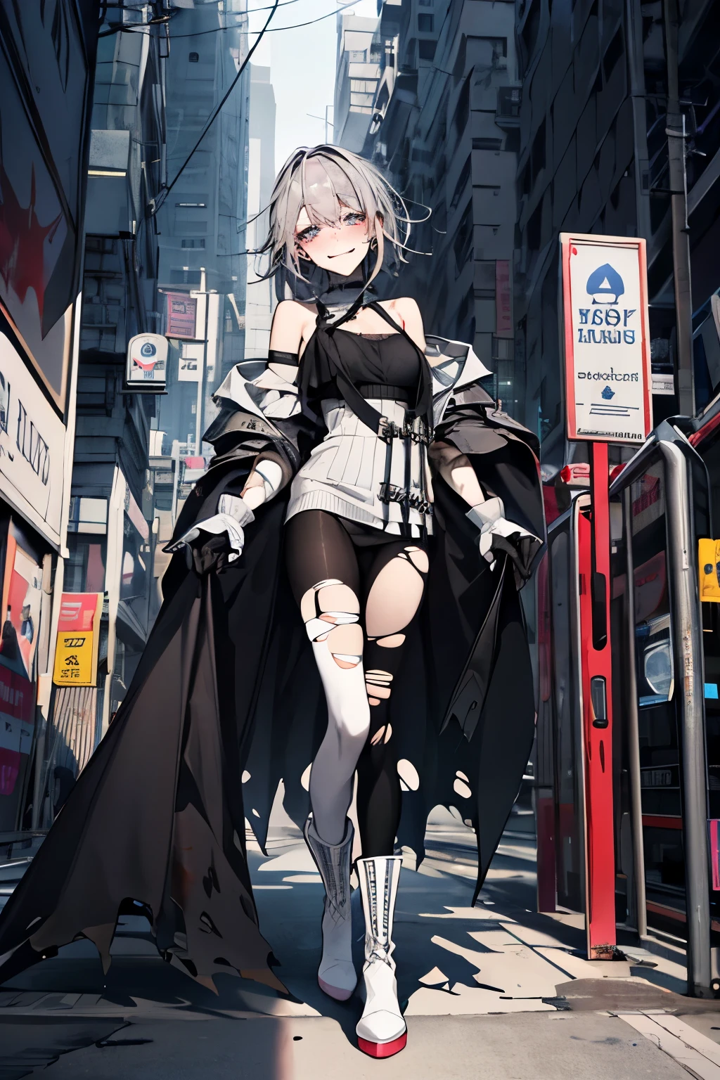 Outlook, Cute Smile, Strange Perspective, White sweater，（ change）Moderate, Separate Color，shoulder, Blushed，(Gray Hair), White Gloves，White boots，dirty，Torn clothes，Clothing that shows blood:1.3),,  Tearing the cloak, tear pantyhose ，Cyberpunk Streetwear，in contrast，Cyberpunk Character Fashion,Wear high fashion clothes, , Bring your poster to life、impressive，Fully equipped, Stylish,Jenny Darke Artert)