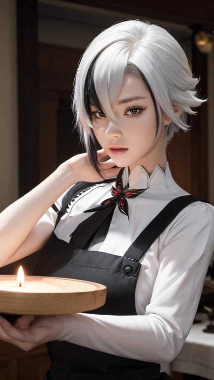 ((Best quality:1.4))、(An unrivalled masterpiece)、(Ultra HD)、(Ultra-realistic 8k CG)、(Half-length image from head to thigh)、(Ultra Detailed)、(Maid)、Highly detailed Maid clothes,Half apron,Stunning beauty,White hair,Black Hair,Colorful Hair,short hair,Straight Hair,Long braids(White),Glowing red eyes,Red X pupil(focus),Cold expression,Super huge ,Movie,hapiness,In the Old West House,Candle lighting,Use backlighting to add depth to your images,Anisotropic filtering,Deep field of view,Maximum clarity and clarity,,8 Really small,thickness:0.8,Perfect anatomy,Symmetrical balance,Beautiful gradient,Sharp focus,Golden Ratio,image in center,Beautiful composition,