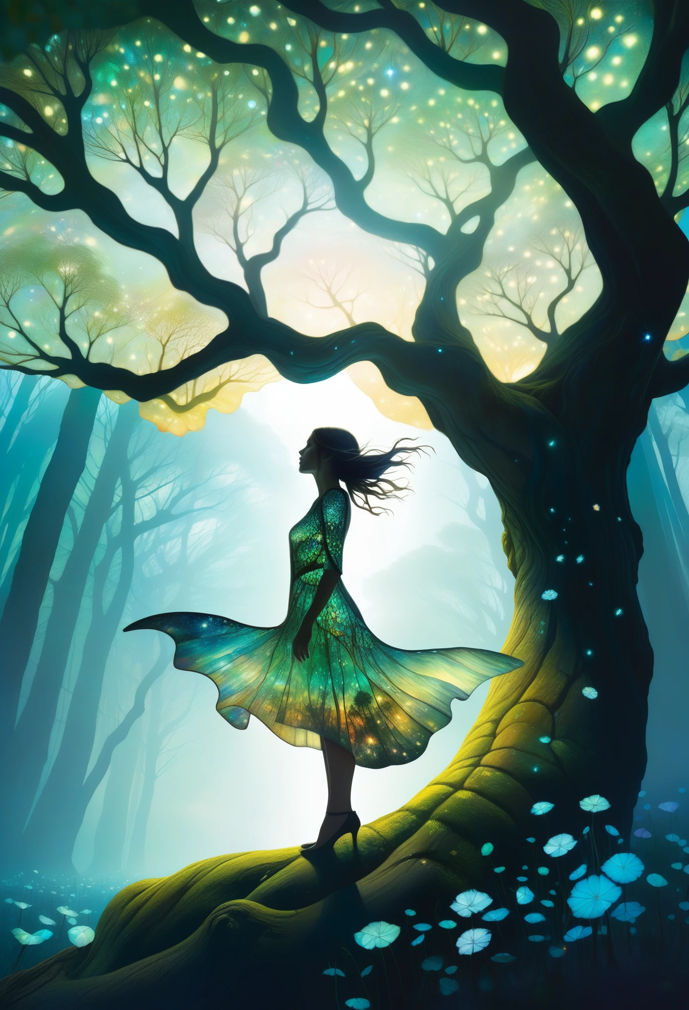 (Elf),(nature), Green Leaves, Adventure, Aether, Kraken,  Nebula, Verdant, Canvas Voyage, Lovely, Grateful [:vintage cars:15], (Double exposure:1.3) photo of elf made of mosaic of iridescent crystal glass with sub scattering mirror surface imposing onto transparent tree hollow trunk in living brocade underbust dress made out of flowers, bokeh sky by Peter Gric, Conrad Roset, Brandon Kidwell, Andreas Lie, Dan Mountford, Dan Witz, Agnes Cecile, Jeremy Mann, fine art, super dramatic moonshine, silhouette photo illustration, amazing depth, intricate detailed fine cracked surface, stunning atmosphere, mesmerizing whimsical vibrant scenery, complex masterwork by head of prompt engineering