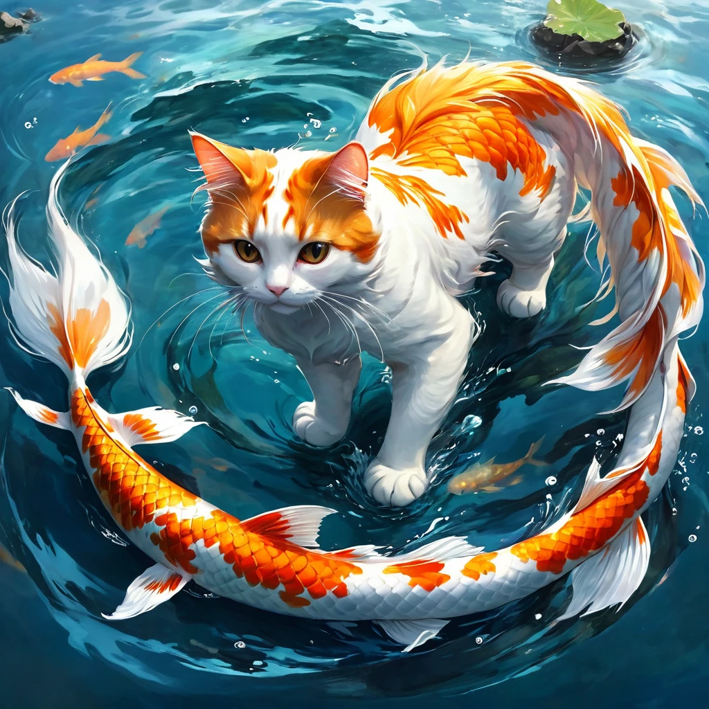 Fishtail cat in the sea，Big koi，全身只有黑白色的Big koi