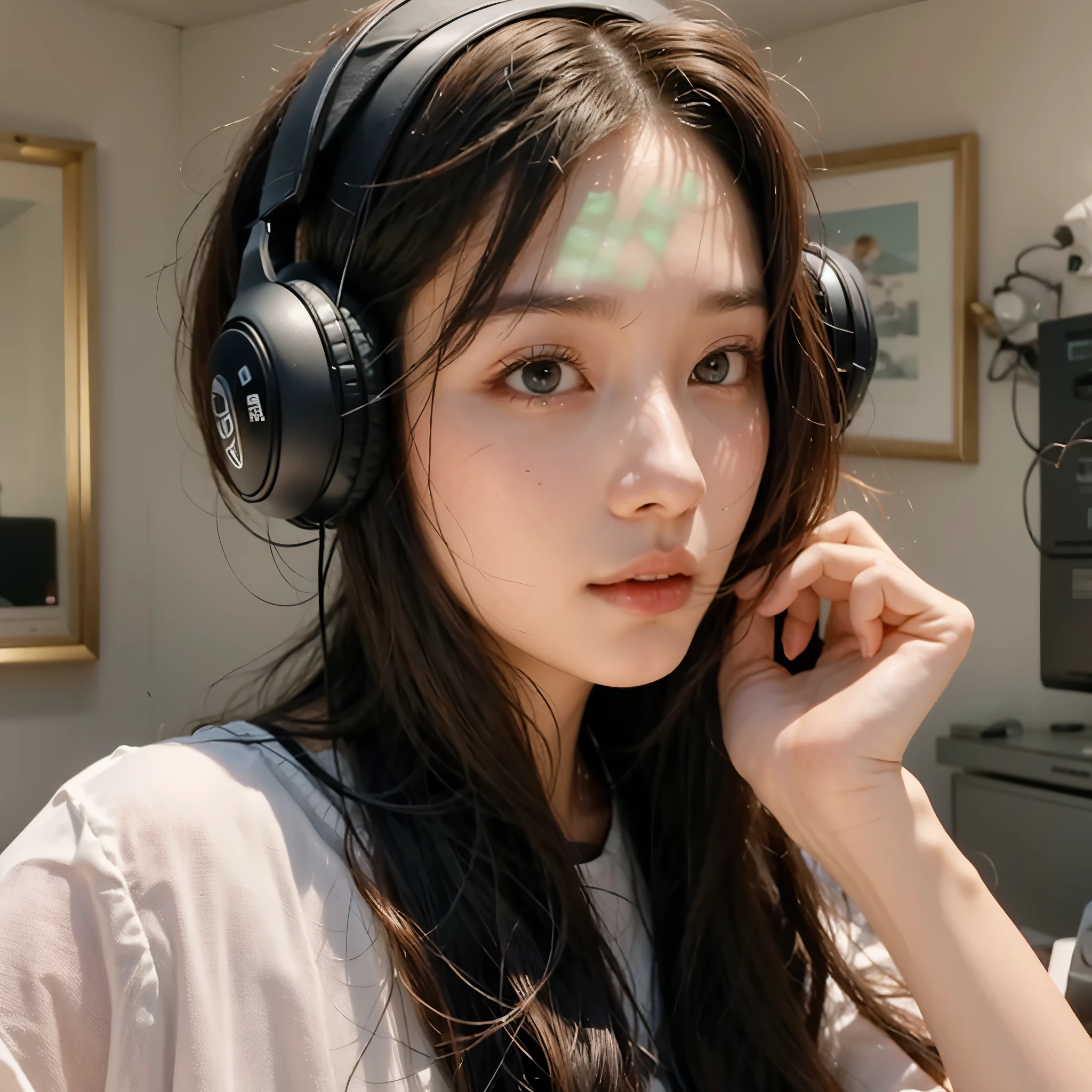 cute Kpop idol wearing black over-ear headphones, taking an online class in her, studio, lighting, long brown hair tied, loose, makeup featuring, blush, eyeliner, room is decorated，Composition, Reality, 8K, high quality, masterpiece