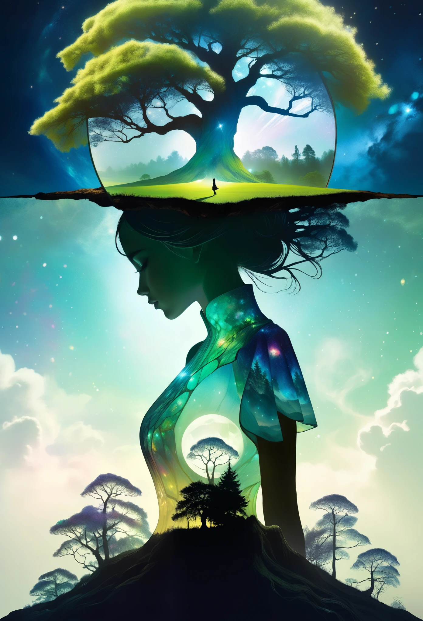 Futuristic utopia, Adventure, Aether, Kraken, Nebula, Verdant, Canvas, Spontaneous Human Combustion, Voyage, Lovely, Grateful, wolf, (Double exposure:1.3) photo of a sexy lady made of mosaic of iridescent crystal glass with sub scattering mirror surface imposing onto transparent tree hollow trunk in living brocade underbust dress made out of flowers, bokeh sky by Peter Gric, Conrad Roset, Brandon Kidwell, Andreas Lie, Dan Mountford, Dan Witz, Agnes Cecile, Jeremy Mann, fine art, super dramatic moonshine, silhouette photo illustration, amazing depth, intricate detailed fine cracked surface, stunning atmosphere, mesmerizing whimsical vibrant scenery, complex masterwork by head of prompt engineering