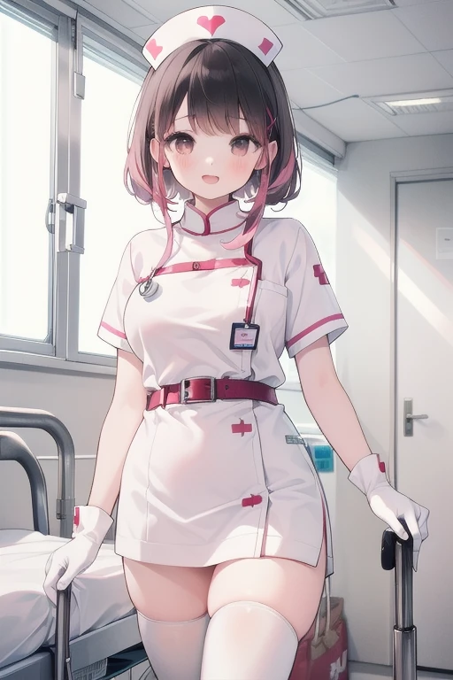 1girl, solo, nurse, nurse cap, white wear, ((white legwear, zettai ryouiki)), white gloves, pink hair, drooping eyes, ((covered nose)), standing, ((hospital room)), sharp outline, short sleeves, best quality, masterpiece,Fleshy,Brown eyes,Fleshy,Black hair,happy,lol,Heart,belt