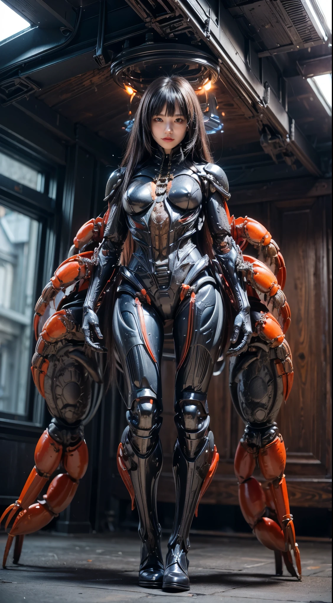 (high resolution,masterpiece,best quality,extremely detailed CG),(japanese girl), photorealistic, amazing fine details, all intricate, gloss and shiny,awesome many layers, 8k wall paper, ultimately realistic face, (whole body picture), perfect female proportion,villainess, (fusion of crab and lady:1.4), (scorpion form lady:1.2), (crab lady:1.2), (fusion:1.2), (crab exoskeleton bio insect suit:1.4), (crab blue exoskeleton bio insect armor:1.4), dystopia with a nice view, (cinematic pose)