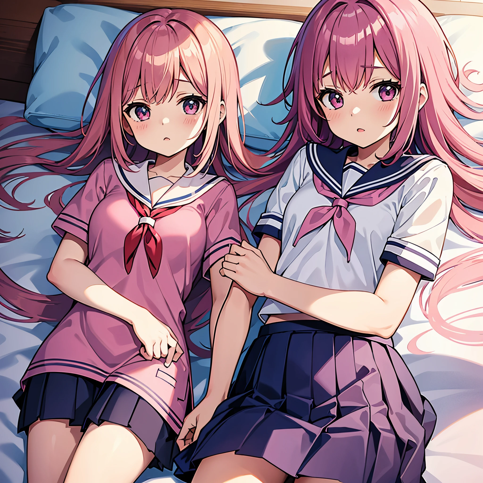 A pink-haired high school girl in a sailor uniform who is feeling unwell is lying alone on a bed in the nurse&#39;s office.