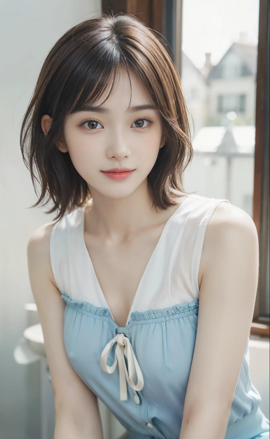 Look here and smile、masterpiece, 1girl in, solo, Luminous Eyes, Colorful summer clothes, , masterpiece, top-quality, realisitic, ultra-detailliert, blue-sky, , (extremely delicate and beautiful work), ((masuter piece)), (Best Quality), One lady, 18year old, (Sexually aroused face:1.4), ( Shoulder cut hair,(Fair skin:1.2), Bright lighting, Natural lighting, Realistic lighting, Lovely lips、delicated face、(realisitic、Photo_Realistic:1.4)、((top-quality、masterpiece:1.3))、20yr old、((Brown hair))、((the pose))、((Functional))、、Smile full of happiness、Poses that fascinate a man、seducing smile、short-hair、
