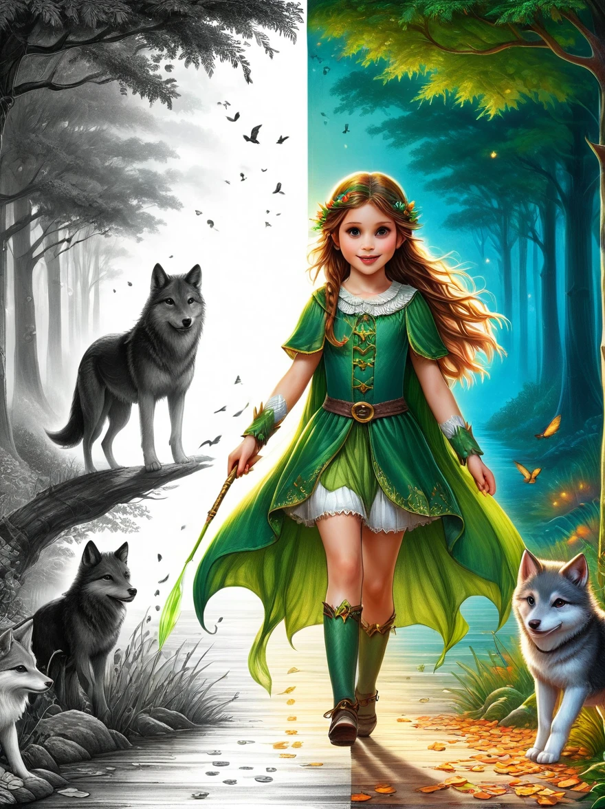 1hbgd1, 1girl, (Elf Magician:1.5)，Magic energy gathers in the palm of your hand, Autumn braids and cape flying in the wind, The delicate leaf-shaped armor shimmers in the mysterious forest mist behind her, A wolf stood firmly beside her, Prepare for an adventure, Dynamic fantasy scenery, Radiant lighting, (The work should transition from the black and white pencil drawing style on the left half to the bright colors on the right half, ensuring that the two halves blend seamlessly without any dividing lines. Shown with detailed black and white pencil strokes on the left and filled color on the right, creating a harmonious blend throughout the image)