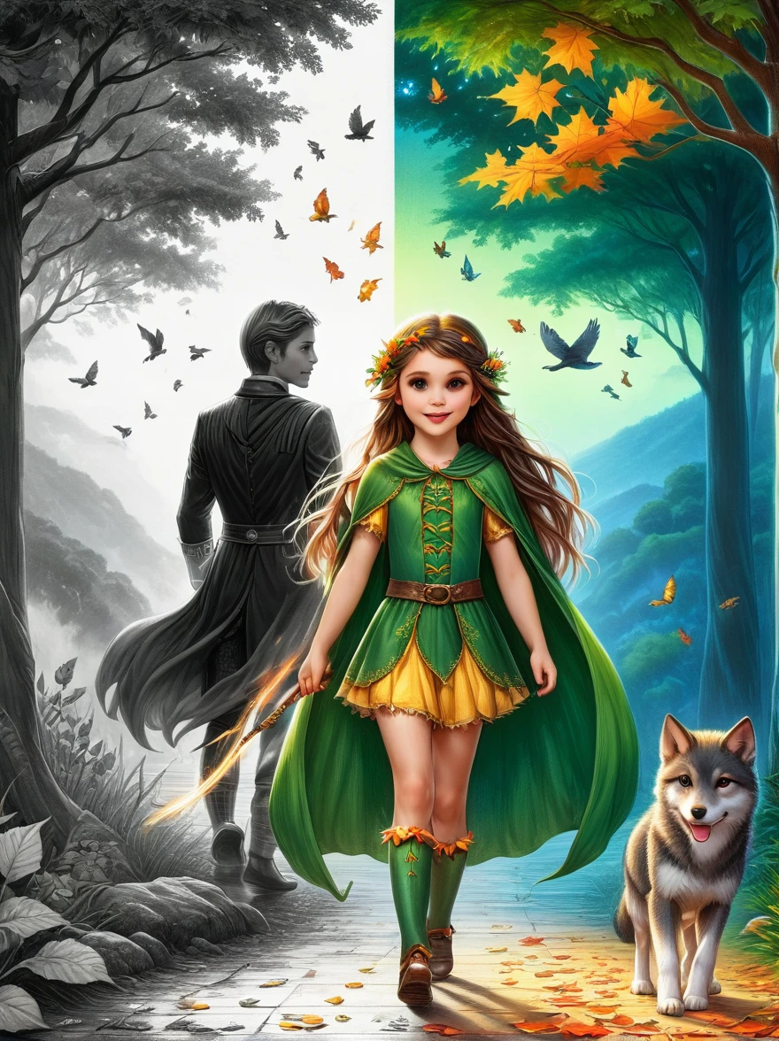 1hbgd1, 1girl, (Elf Magician:1.5)，Magic energy gathers in the palm of your hand, Autumn braids and cape flying in the wind, The delicate leaf-shaped armor shimmers in the mysterious forest mist behind her, A wolf stood firmly beside her, Prepare for an adventure, Dynamic fantasy scenery, Radiant lighting, (The work should transition from the black and white pencil drawing style on the left half to the bright colors on the right half, ensuring that the two halves blend seamlessly without any dividing lines. Shown with detailed black and white pencil strokes on the left and filled color on the right, creating a harmonious blend throughout the image)