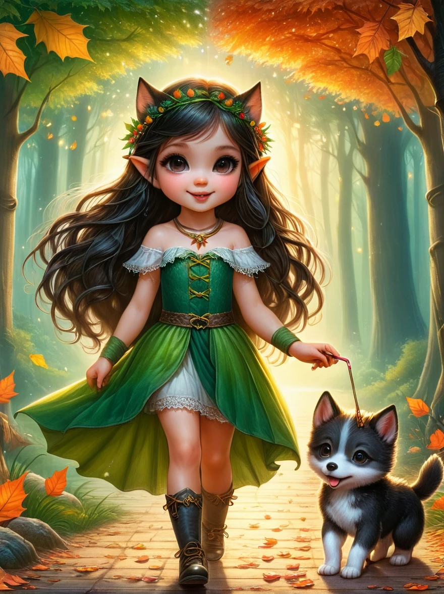 1hbgd1, 1girl, (Elf Magician:1.5)，Magic energy gathers in the palm of your hand, Autumn braids and cape flying in the wind, The delicate leaf-shaped armor shimmers in the mysterious forest mist behind her, A wolf stood firmly beside her, Prepare for an adventure, Dynamic fantasy scenery, Radiant lighting, (The work should transition from the black and white pencil drawing style on the left half to the bright colors on the right half, ensuring that the two halves blend seamlessly without any dividing lines. Shown with detailed black and white pencil strokes on the left and filled color on the right, creating a harmonious blend throughout the image)