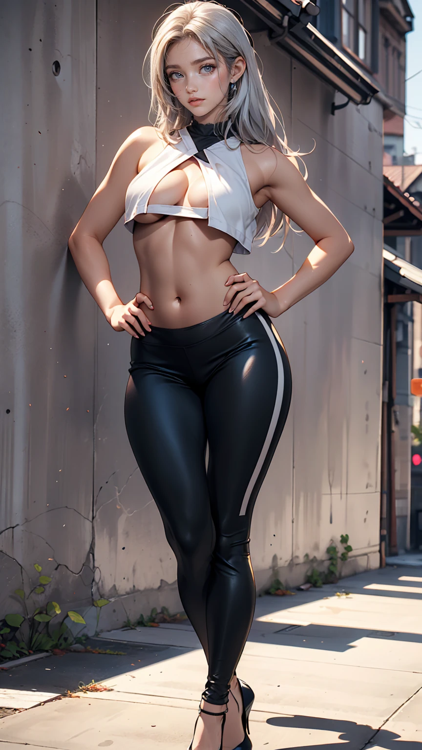 24 year old Caucasian female、Silver Hair、blue eyes、long hair、Straight Hair、Underboob top with logo((underboob top))Wear、Lower milk visible、I can see my belly button、Wear low rise leggings、Wear stiletto heels、Place your hands on your hips、Concrete wall background