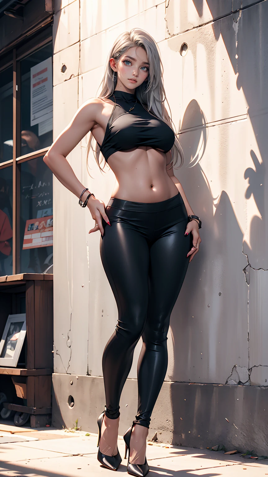 24 year old Caucasian female、Silver Hair、blue eyes、long hair、Straight Hair、Underboob top with logo((underboob top))Wear、Lower milk visible、I can see my belly button、Wear low rise leggings、Wear stiletto heels、Place your hands on your hips、Concrete wall background