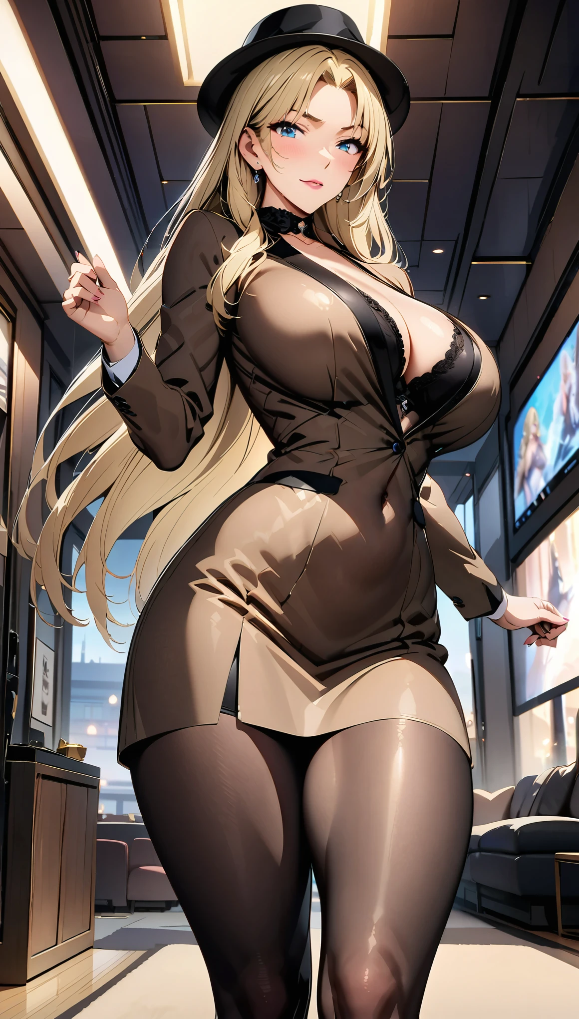 (Black stockings, Brown jacket, Lady hat：1.3），Handsome， full body，Perfect body, 40-year-old mature beauty, blonde hair, long hair, （anime, , UHD, masterpiece, accurate, anatomically correct, super detail, textured skin, high details, high quality, award winning, best quality, highres, 8k：1.3）
