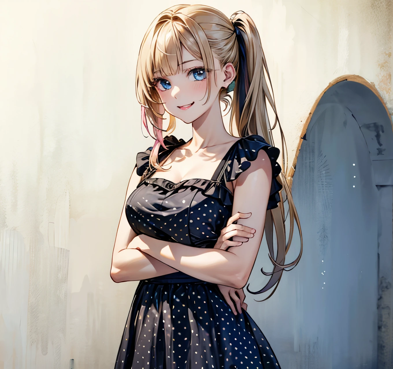 (masterpiece:1.2, highest quality), (Realistic, photoRealistic:1.4), Beautiful illustrations, 
, (Face Focus, Upper Body, Front view:0.6), 1 girl, high school girl, Japanese, Perfect Face, Perfect Anatomy, Cute and symmetrical face, (Round face), Shiny skin, 
(Long Hair、Twin tail hair、Blonde), Blunt bangs, blue eyes, Big eyes, Mid-chest), 
(((Polka dot dress、Black and pink dress), (Bust Shot),
(White wall background), Are standing, (Arms crossed), (smile), (Mouth open)