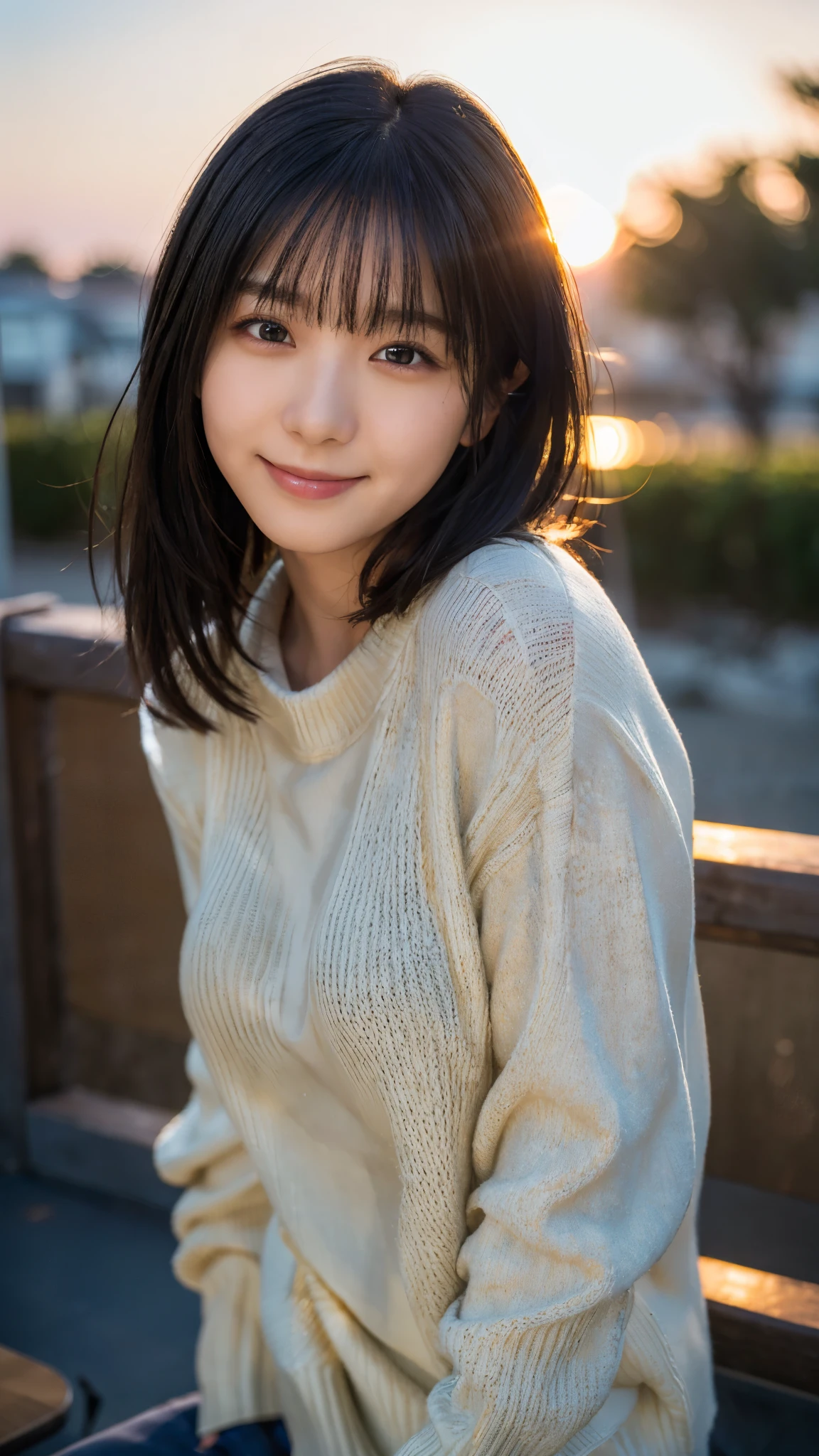 (highest quality,masterpiece:1.3,Ultra-high resolution),(Super detailed,Caustics,8k), (Photorealistic:1.4, RAW shooting),dusk,Sunset sky,Dimly lit classroom,Japanese,20-year-old,smile,Black Hair Middle Hair,(Summer Sweater),Big Breasts,Bust up shot,Natural light