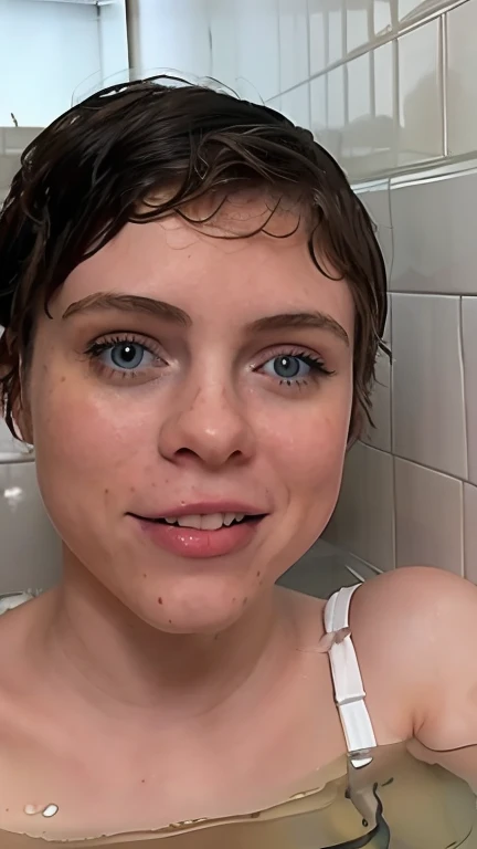 ((s0ph)), 2 people in a bathtub, chico y chica, Sophia Lillis desnuda ,cuerpo entero, vista de lado, sonrisa, autofoto, submerged in the bathtub, mojada, gotas de agua recorriendo la cara,pelo corto, pelo mojado, pecas ,pecho pecoso,pecho diminuto,tetas pecosas ,costillas visibles,delgada, flaca, vagina peluda , un hombre feo desnudo mojado