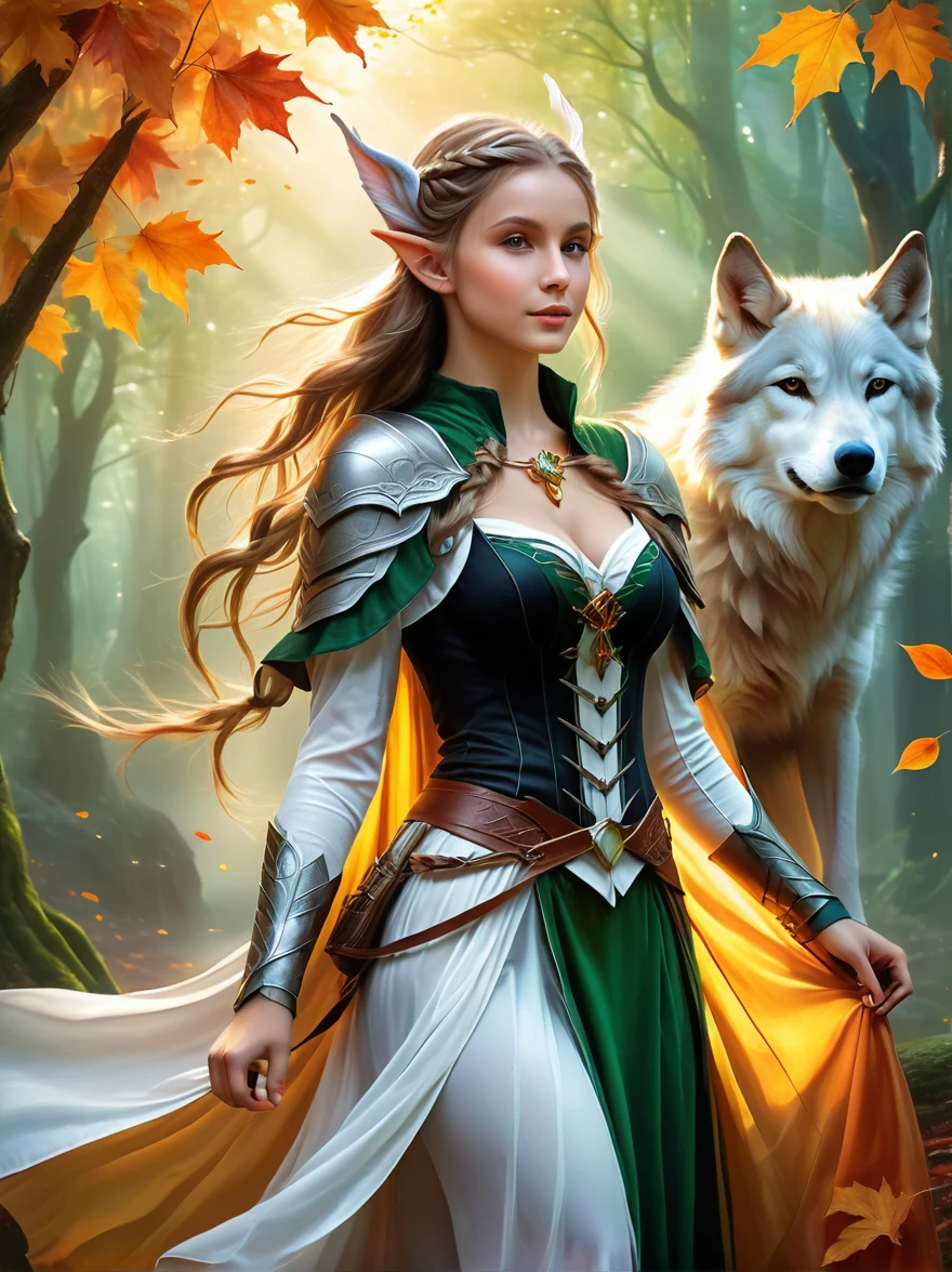 1hbgd1, 1girl, (Elf Magician:1.5),Magic energy gathers in the palm of your hand, Autumn braids and cape flying in the wind, The delicate leaf-shaped armor shimmers in the mysterious forest mist behind her, A wolf stood firmly beside her, Prepare for an adventure, Dynamic fantasy scenery, Radiant lighting, (The work should transition from the black and white pencil drawing style on the left half to the bright colors on the right half, ensuring that the two halves blend seamlessly without any dividing lines. Shown with detailed black and white pencil strokes on the left and filled color on the right, creating a harmonious blend throughout the image)