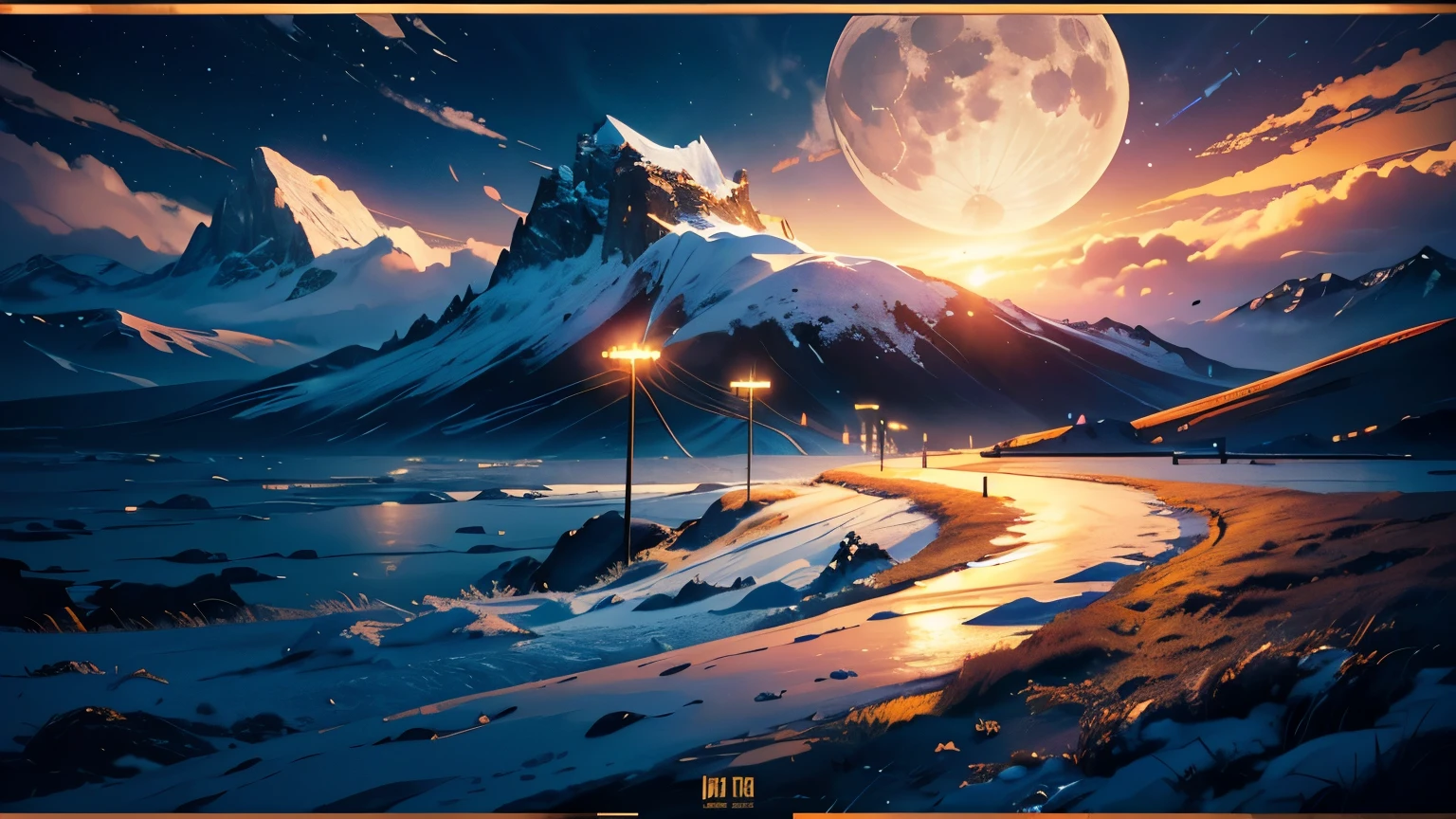 Fish-eye lens, high resolution,Masterpiece, 8k, Depth of Field, Complex Detail, (No People) Space, Movie Poster Style, Big Moon, Wide Angle Lens, Wide Area, Sun, Blizzard, (Rotating), Mandala, Fantastic Landscape, Broken Pole, Lots of Wires, Snow Mountain, Logo, Emblem, In Gold Frame, Machine, Cloud