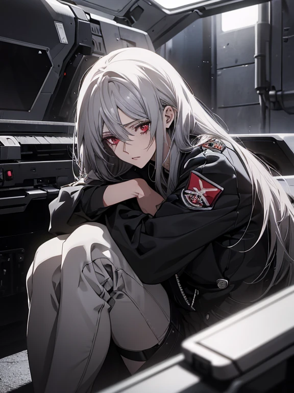 (Confused, High resolution, Very detailed), 1 female, Silver Hair,Long Hair,Red Eyes,black pilot jacket,24th generation,beauty,mature,thin,quiet,Calm,Looks sad,Sit with your knees hugged